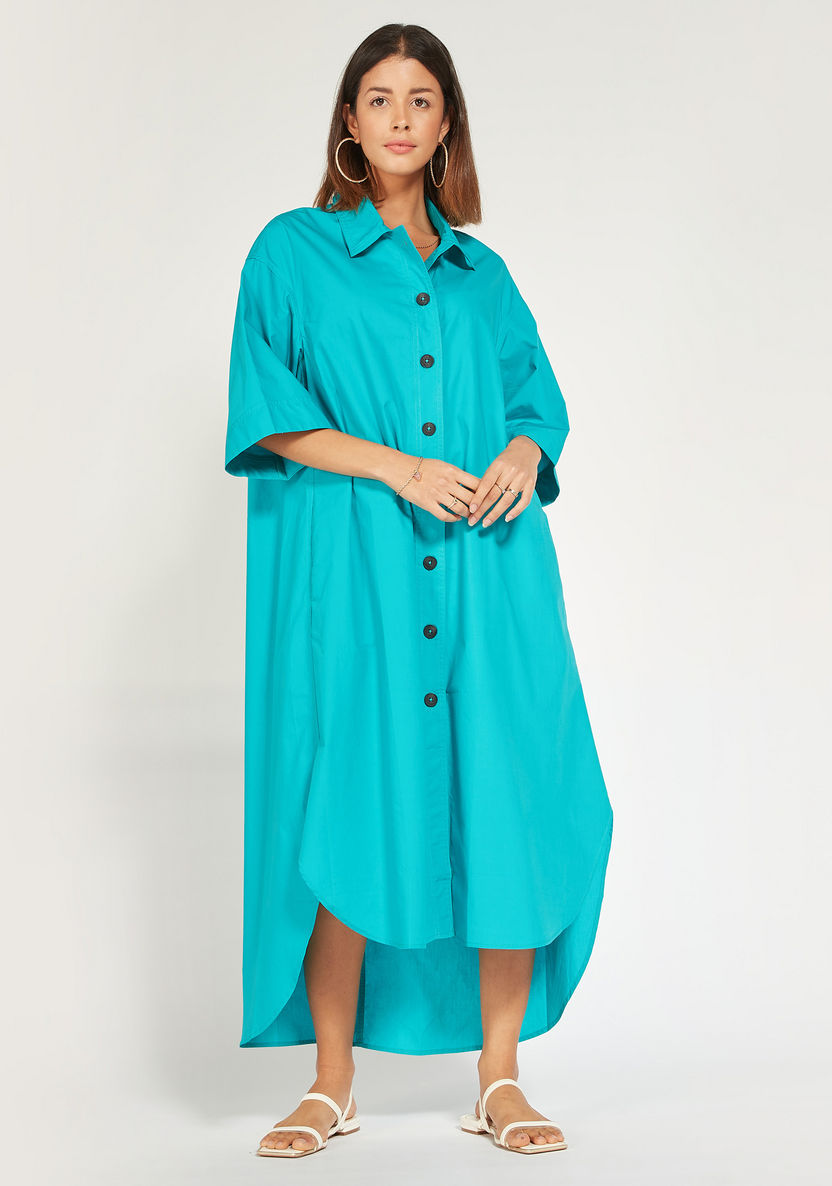 Solid Midi Shirt Dress with High-Low Hem and Flared Sleeves-Dresses-image-2