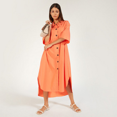 Solid Midi Shirt Dress with High-Low Hem and Flared Sleeves
