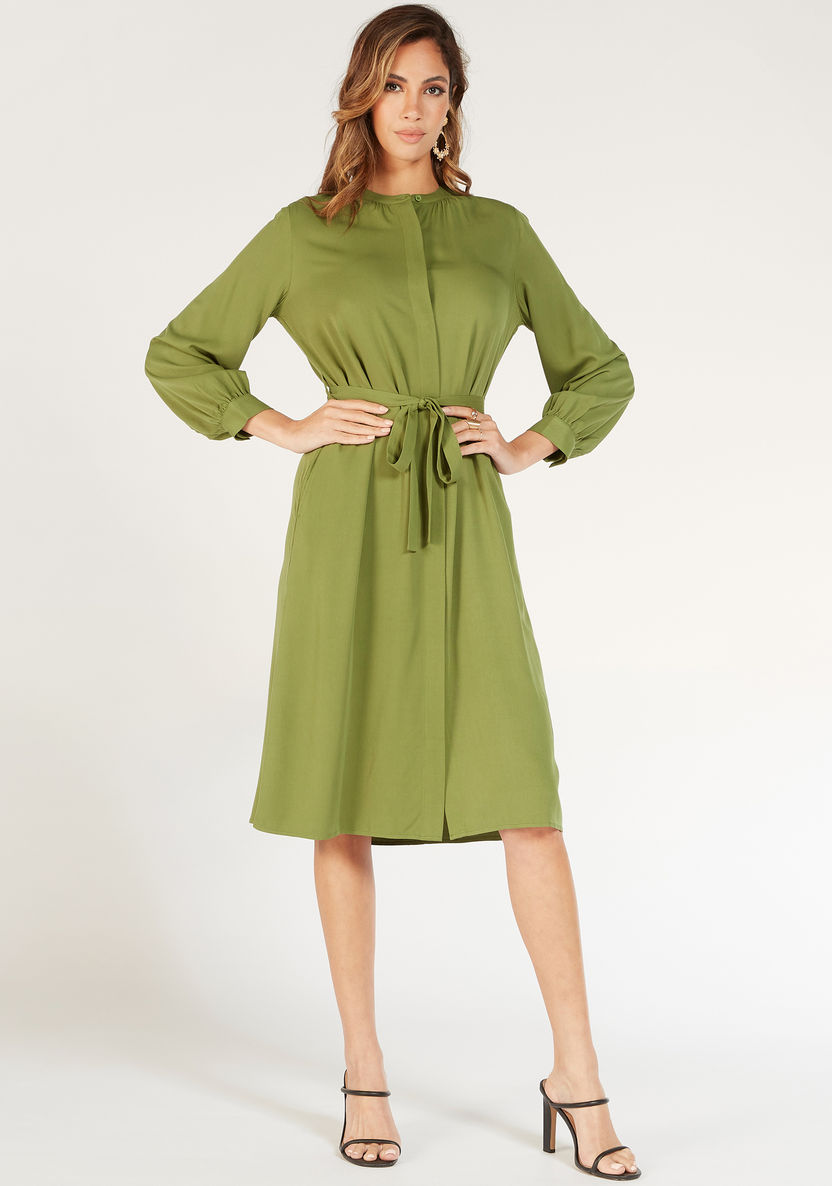Solid Shirt Dress with Waist Tie-Up and Pockets-Dresses-image-1