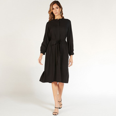 Solid Shirt Dress with Waist Tie-Up and Pockets