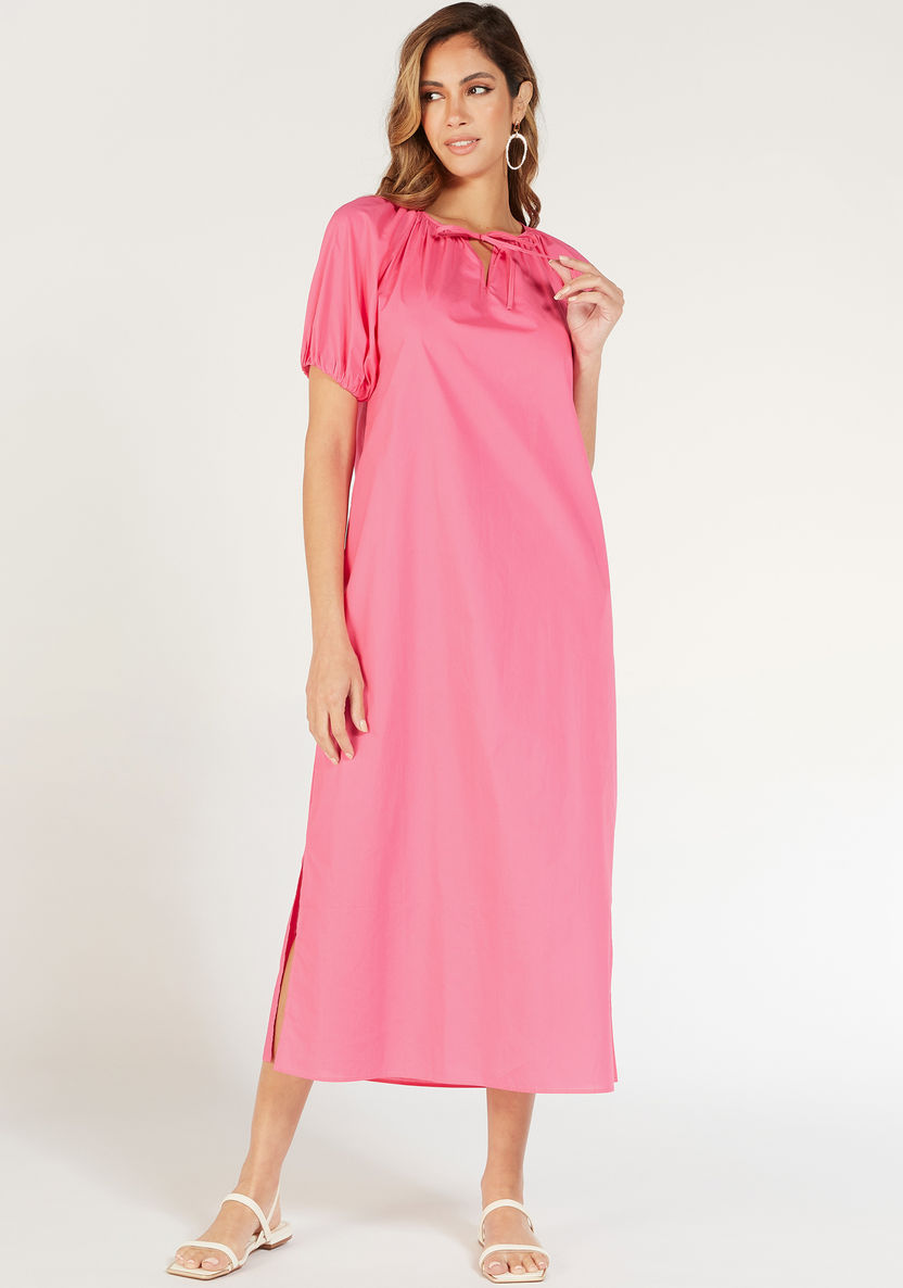 Solid Midi Dress with Neck Tie-Up and Short Sleeves-Dresses-image-0