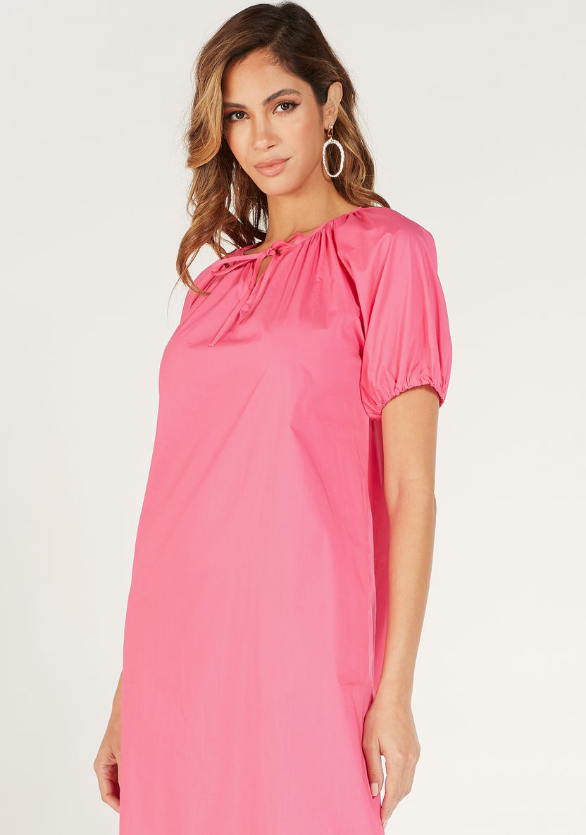 Solid Midi Dress with Neck Tie-Up and Short Sleeves-Dresses-image-1