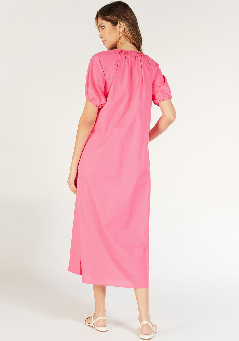 Solid Midi Dress with Neck Tie-Up and Short Sleeves-Dresses-image-3