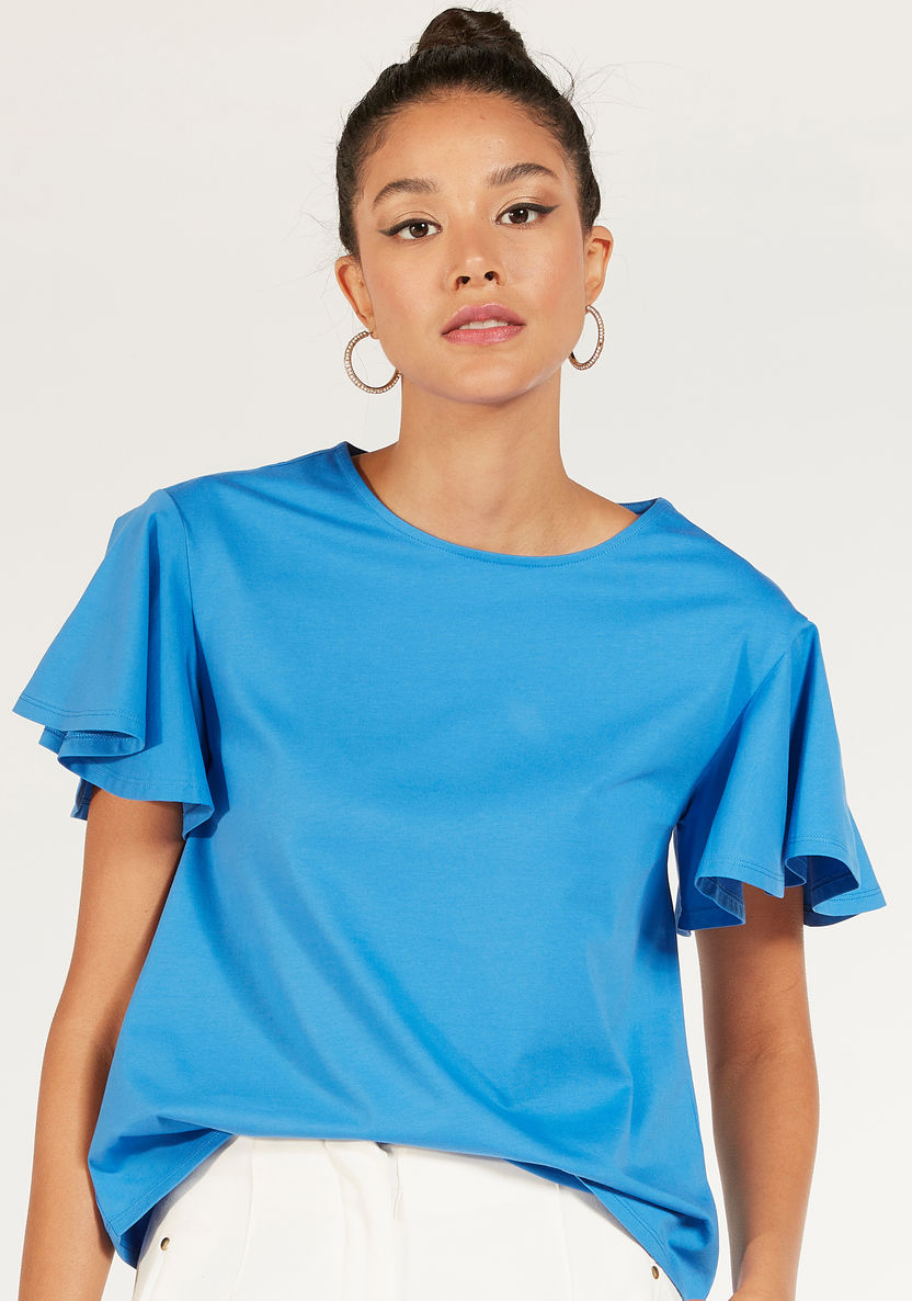 Solid Crew Neck Top with Flutter Sleeves-T Shirts-image-0
