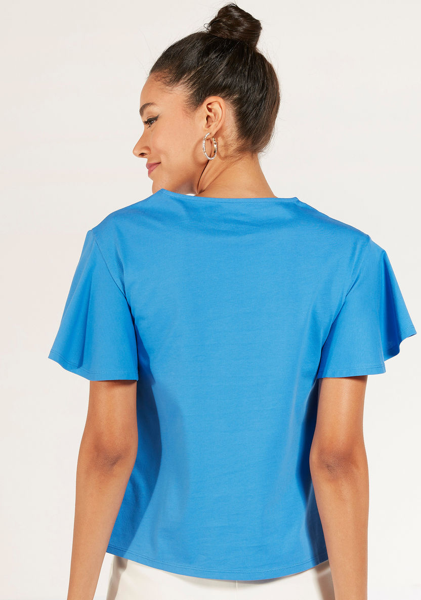 Solid Crew Neck Top with Flutter Sleeves-T Shirts-image-3
