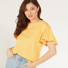 Solid Crew Neck Top with Flutter Sleeves