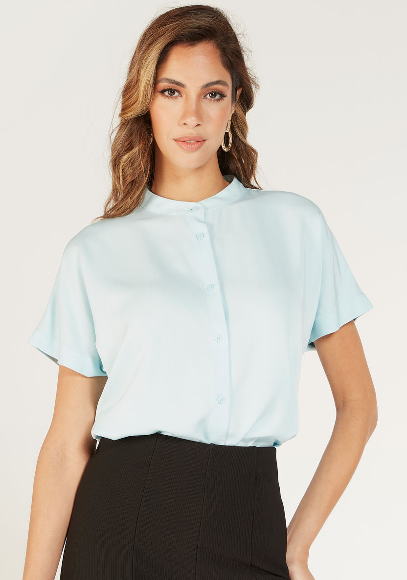 Solid Shirt with Mandarin Collar and Short Sleeves-Shirts and Blouses-image-0