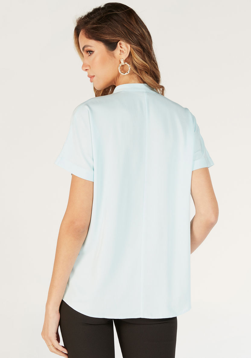 Solid Shirt with Mandarin Collar and Short Sleeves-Shirts and Blouses-image-3