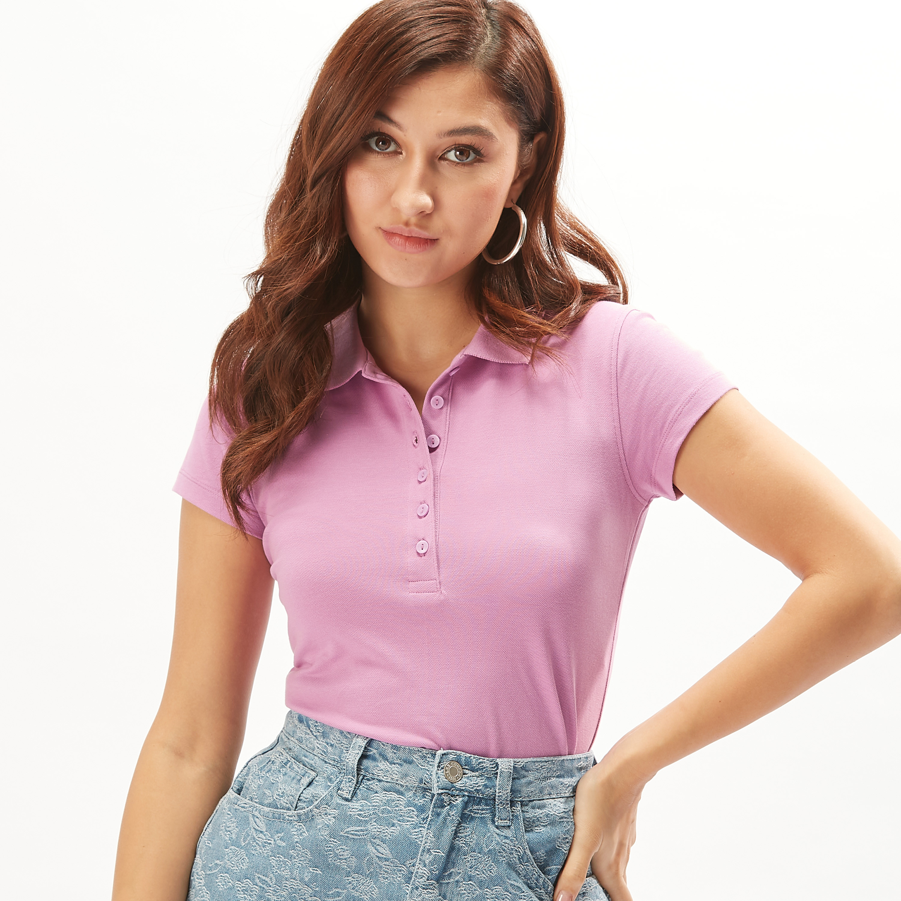 تيشيرت بولو سادة بأكمام قصيرة وأزرار-women-clothing-tshirts-image-7