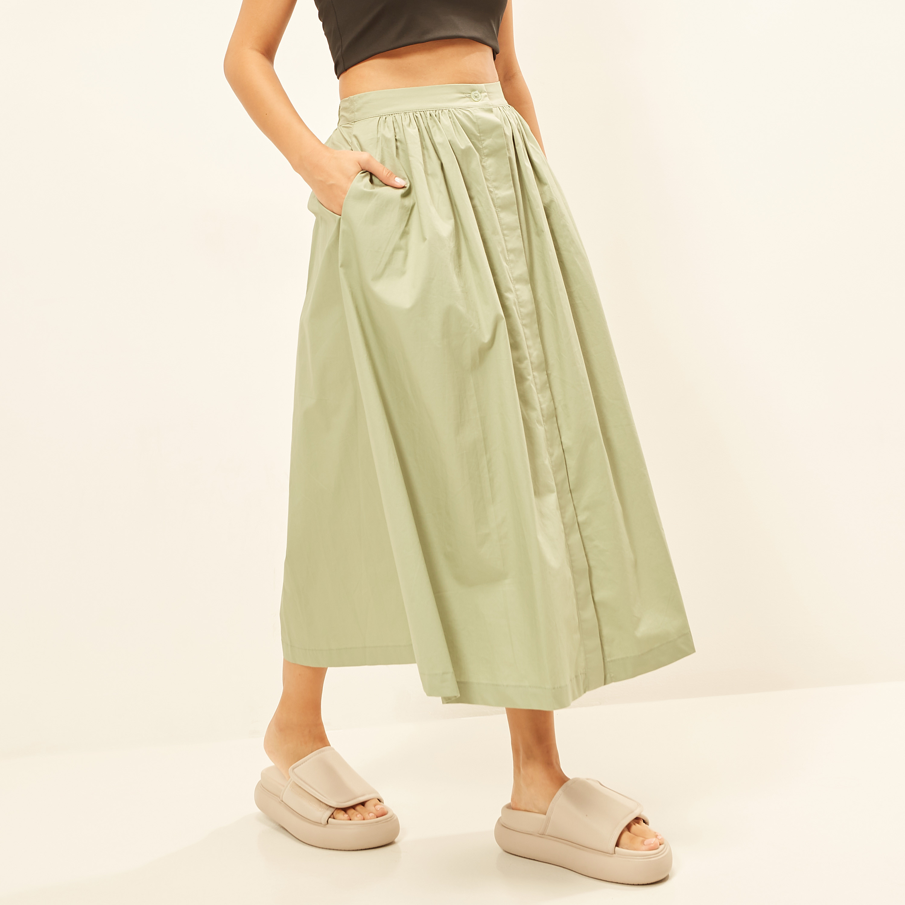 Solid Midi Skirt with Button Closure and Pocket-women-clothing-skirts-image-11