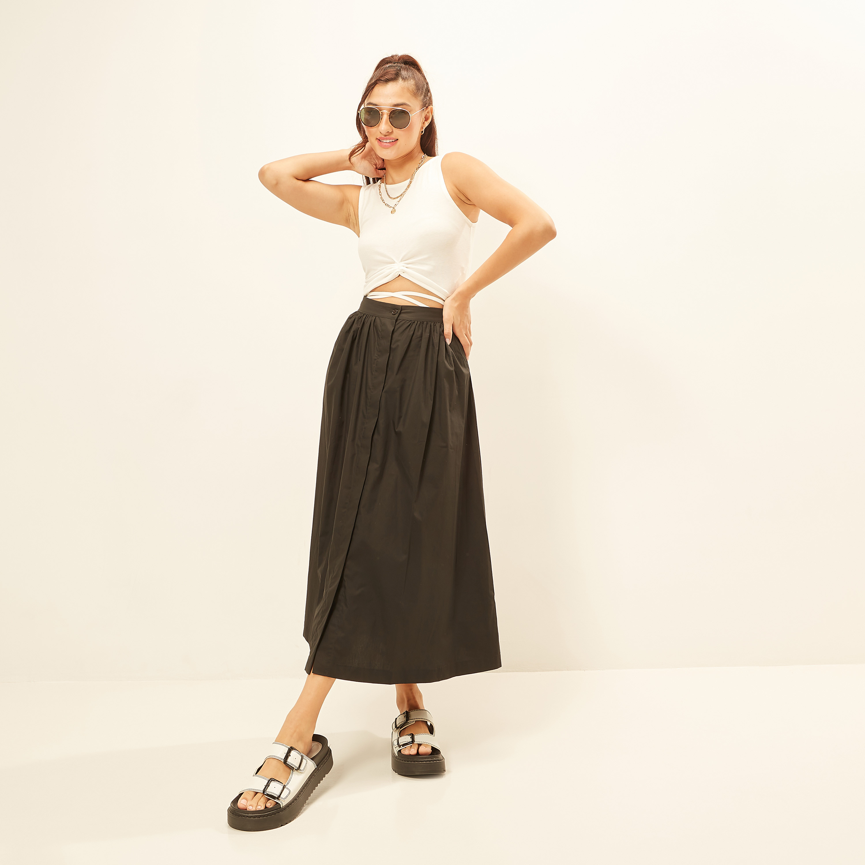 Solid Midi Skirt with Button Closure and Pocket-women-clothing-skirts-image-1