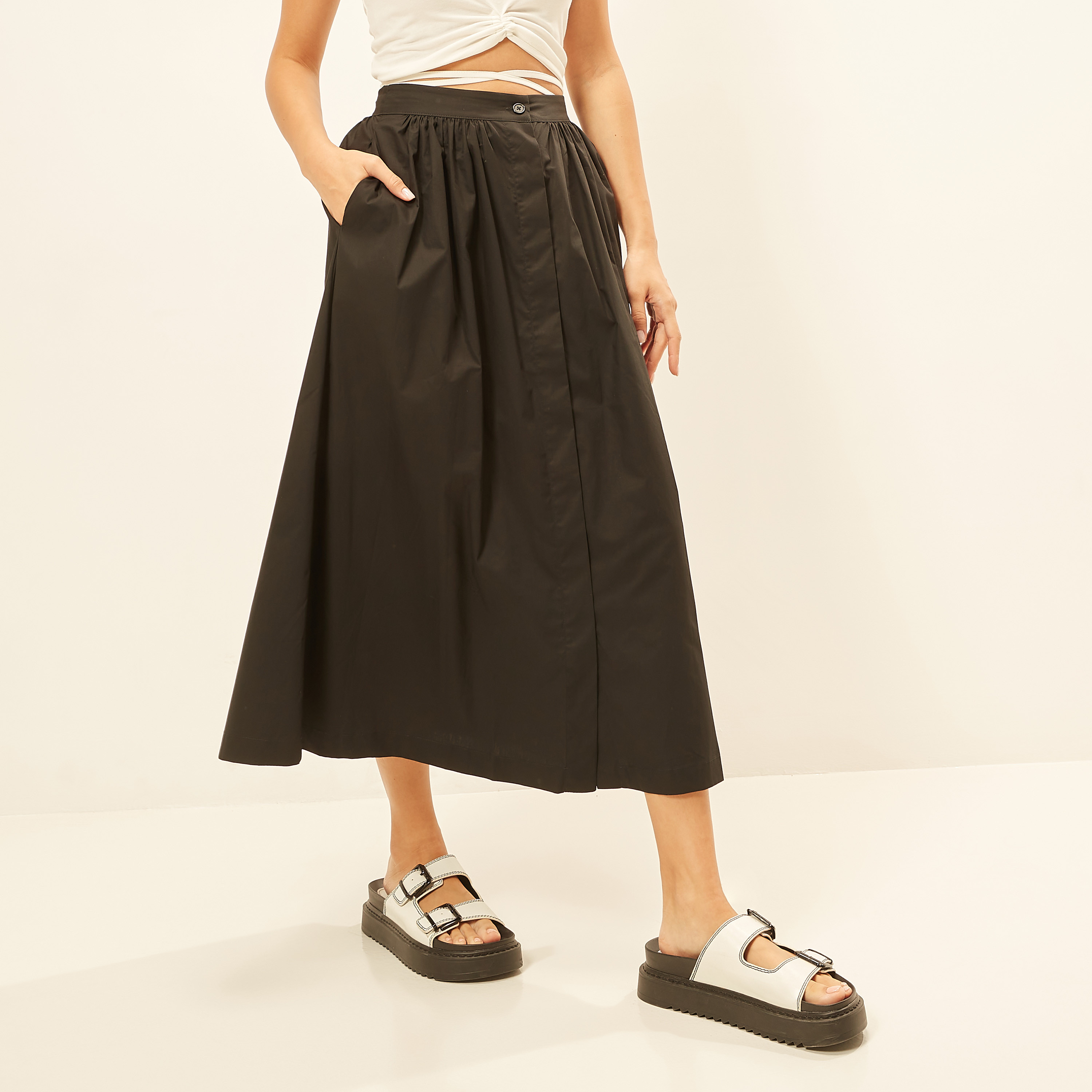 Solid Midi Skirt with Button Closure and Pocket-women-clothing-skirts-image-2