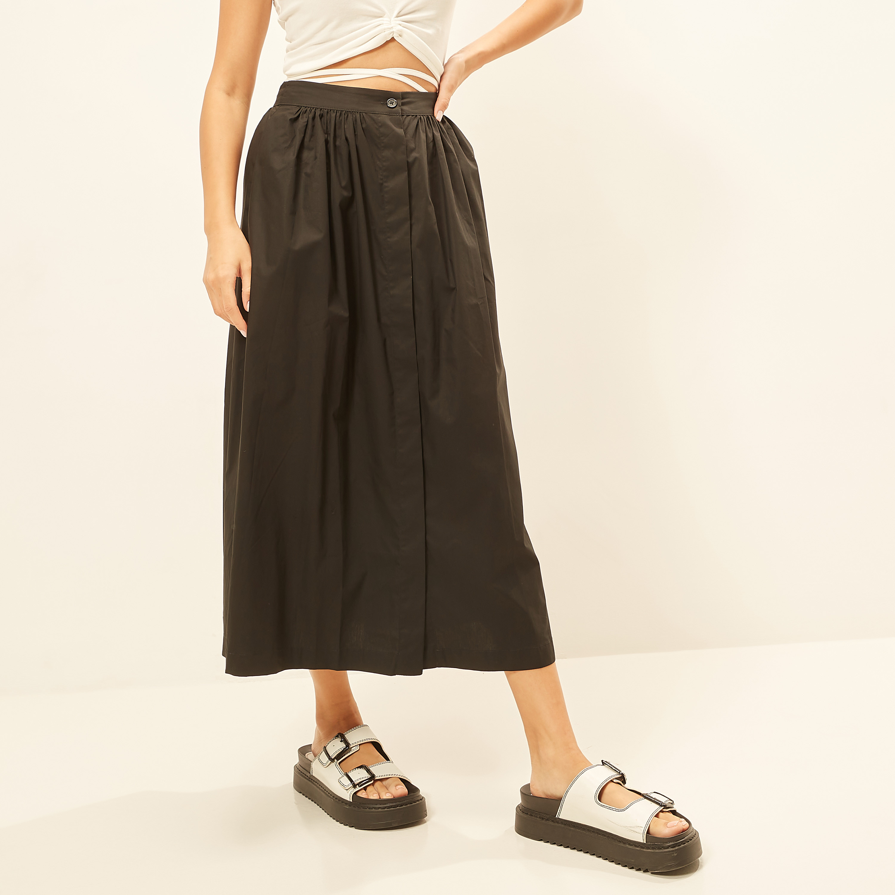 Solid Midi Skirt with Button Closure and Pocket-women-clothing-skirts-image-5