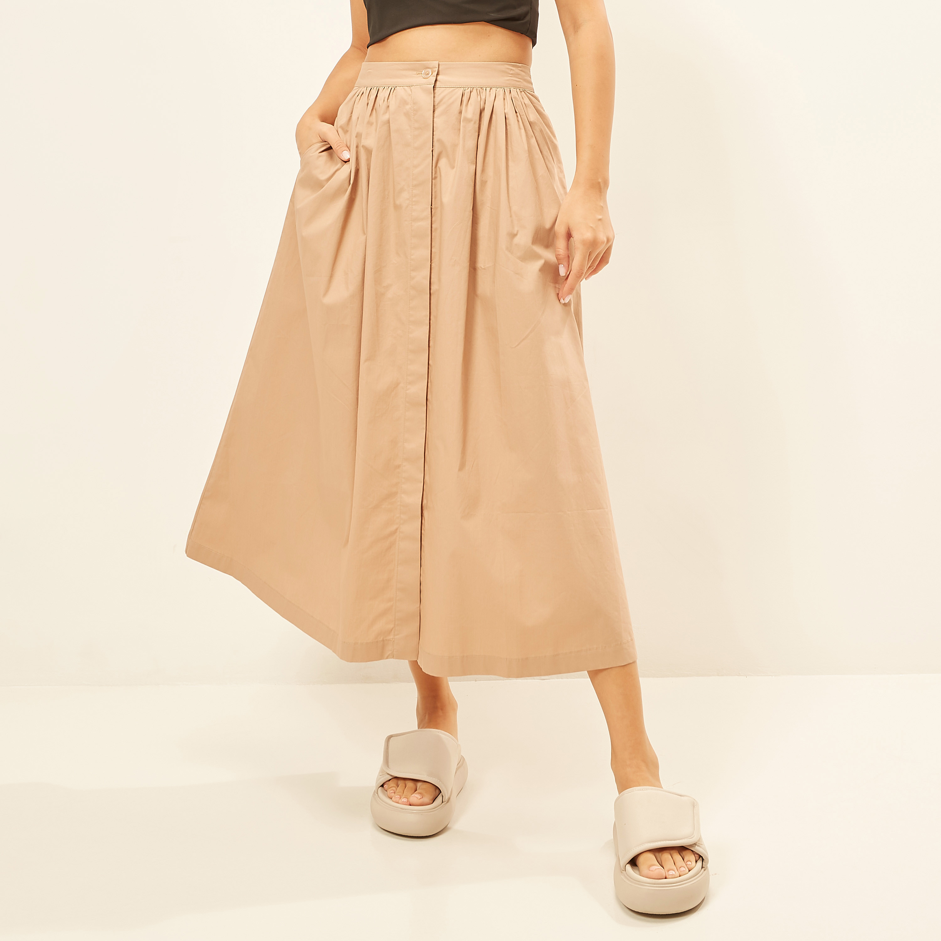 Solid Midi Skirt with Button Closure and Pocket-women-clothing-skirts-image-6