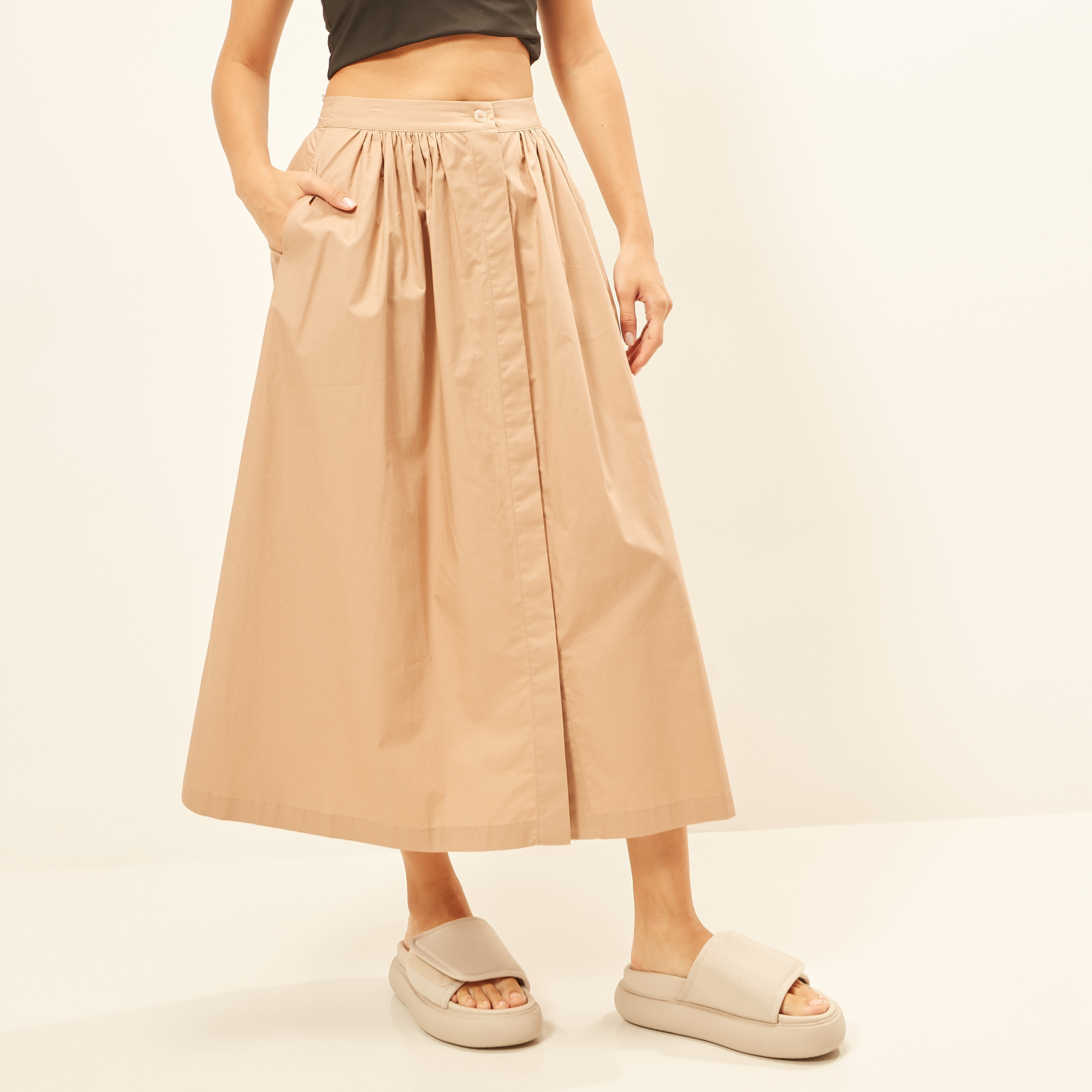 Solid Midi Skirt with Button Closure and Pocket-women-clothing-skirts-image-10