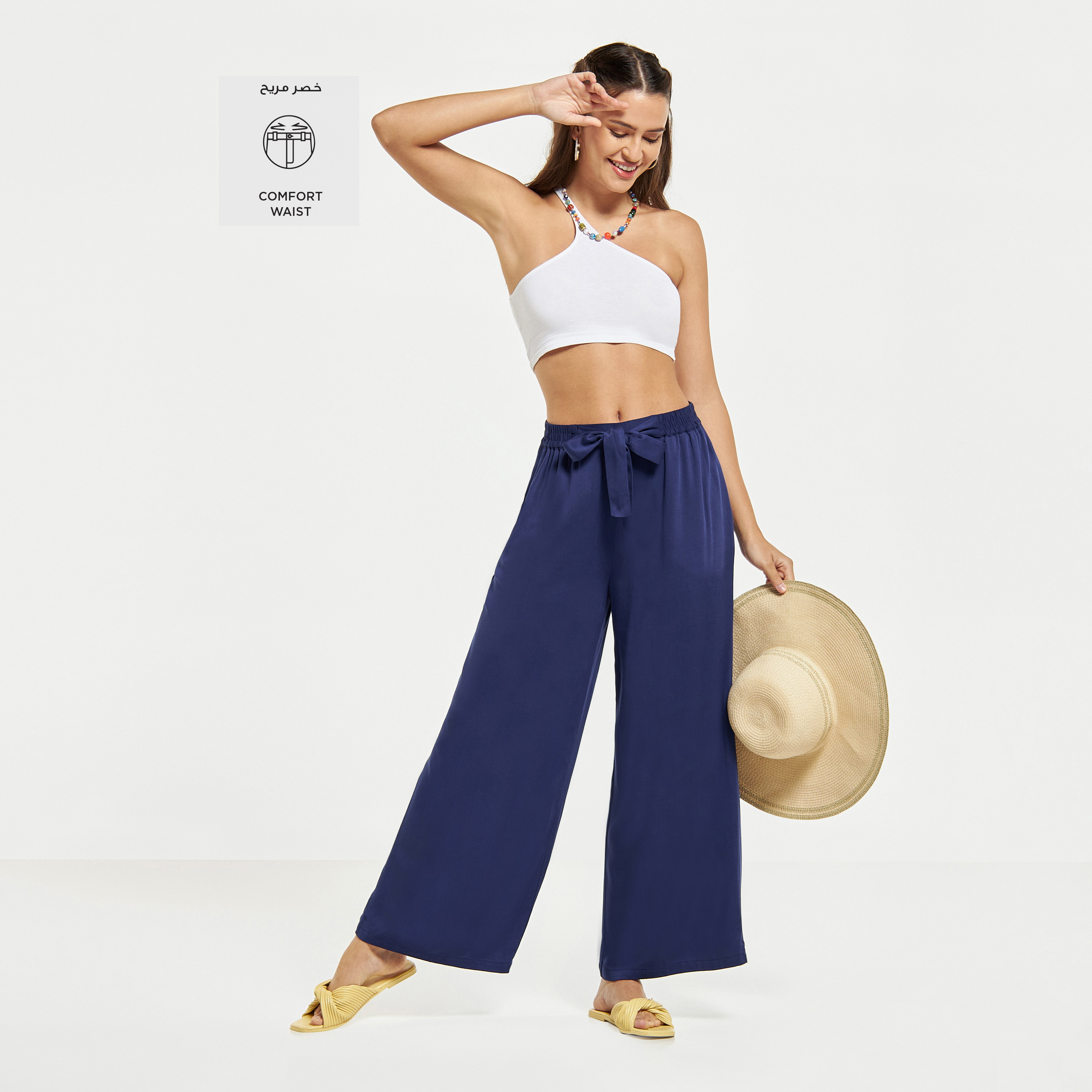 Splash Basics Wide Leg Elasticated Waist Palazzo Pants with Belt-women-clothing-trousers-image-2