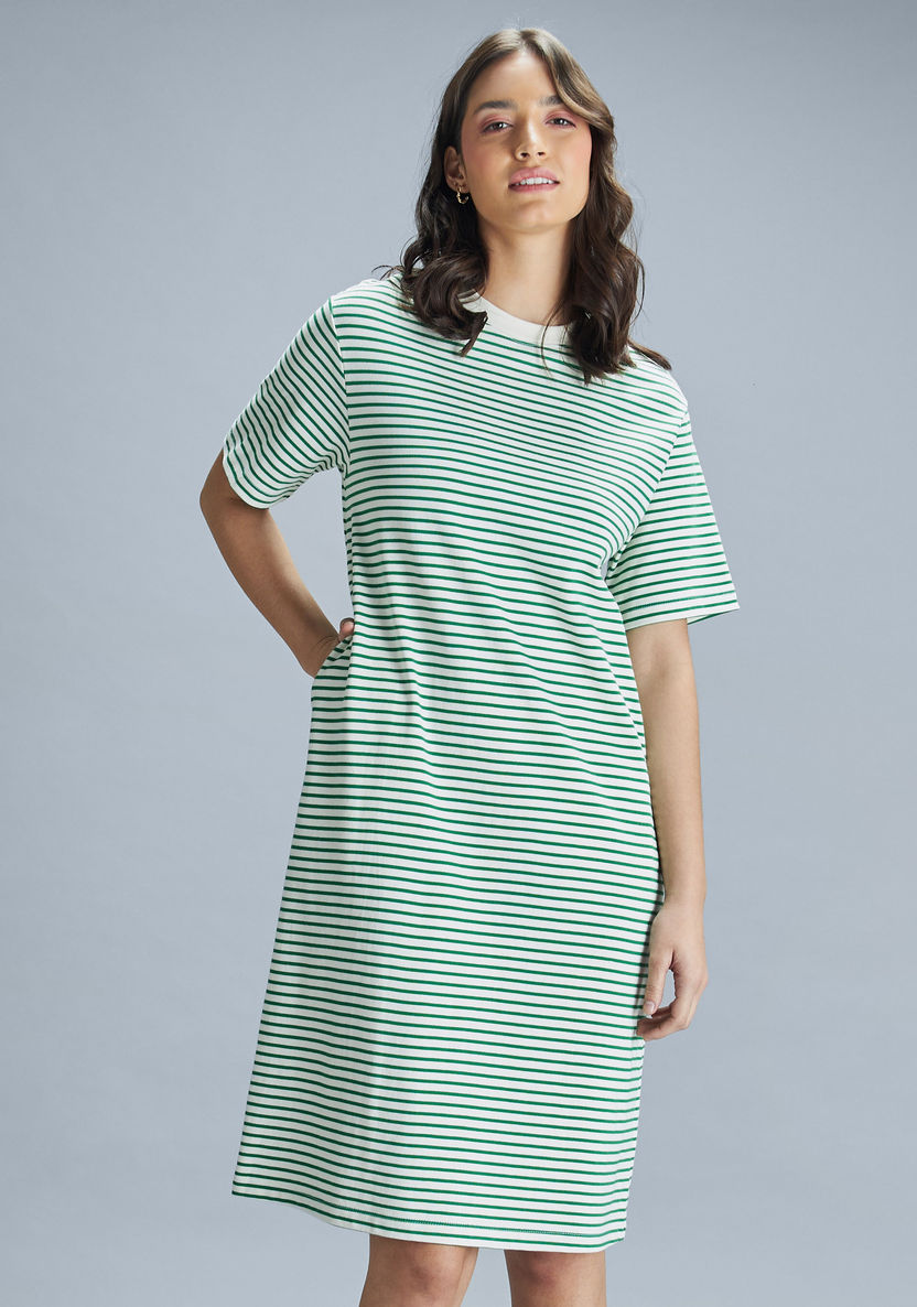 Buy Striped Midi Dress with Pockets and Short Sleeves