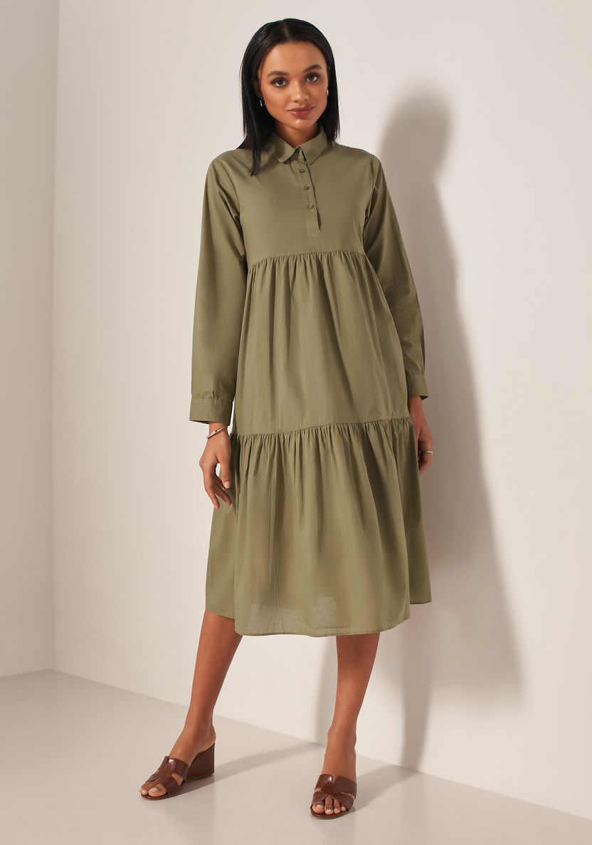 Buy Solid Midi Tiered Shirt Dress with Long Sleeves