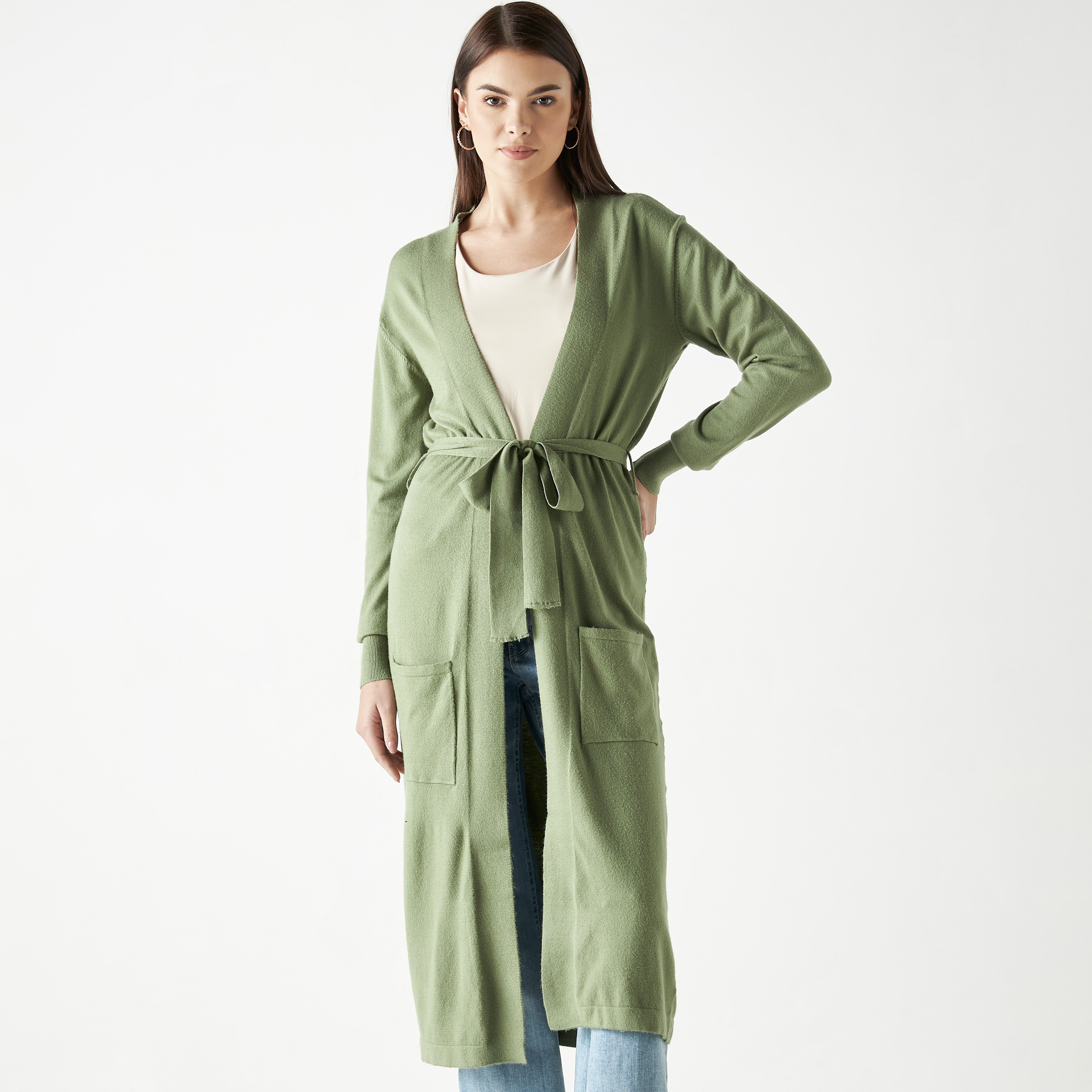 Solid Longline Shrug with Tie-Up Belt and Pockets-women-winterwear-cardigansandjumpers-cardigans-image-1