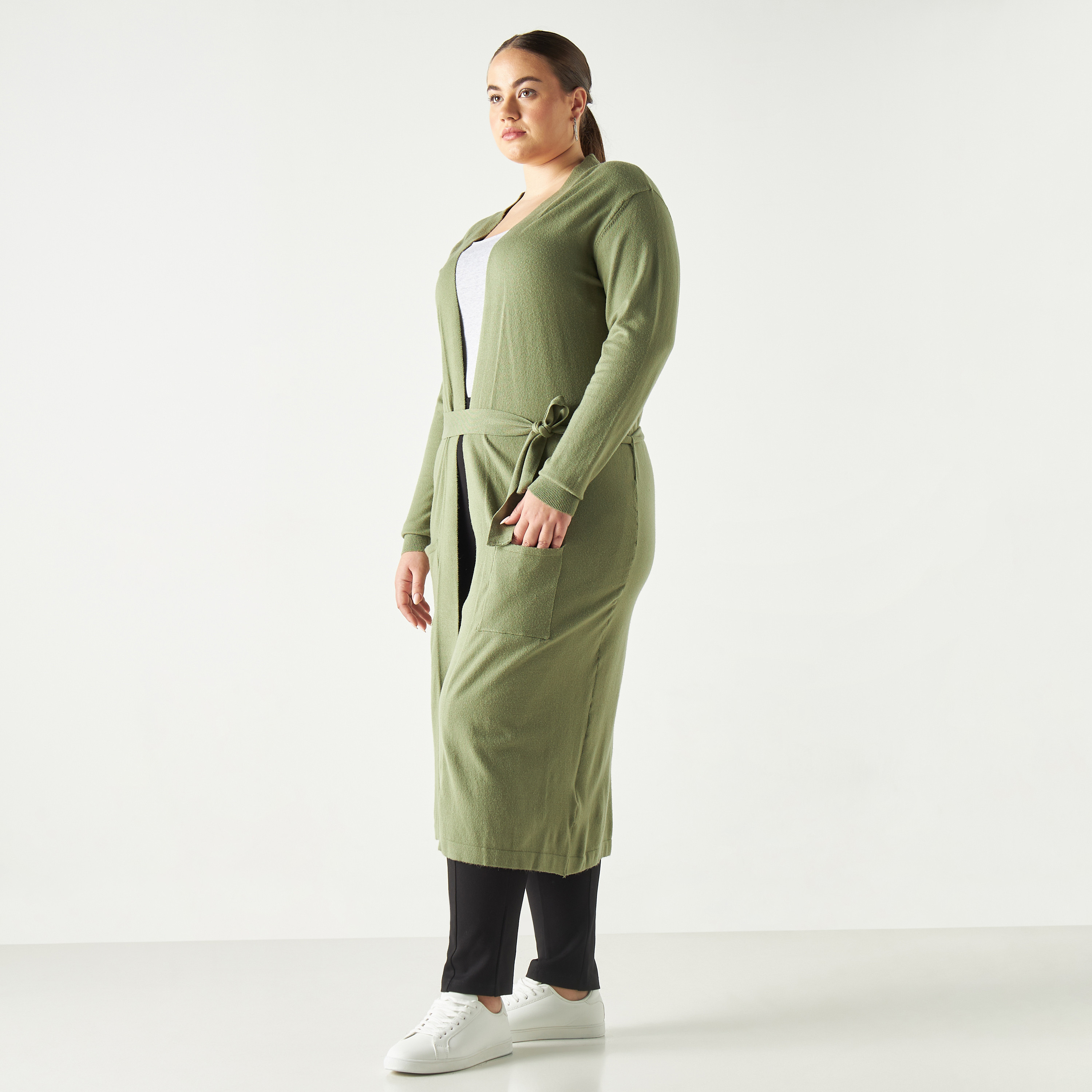 Solid Longline Shrug with Tie-Up Belt and Pockets-women-winterwear-cardigansandjumpers-cardigans-image-2