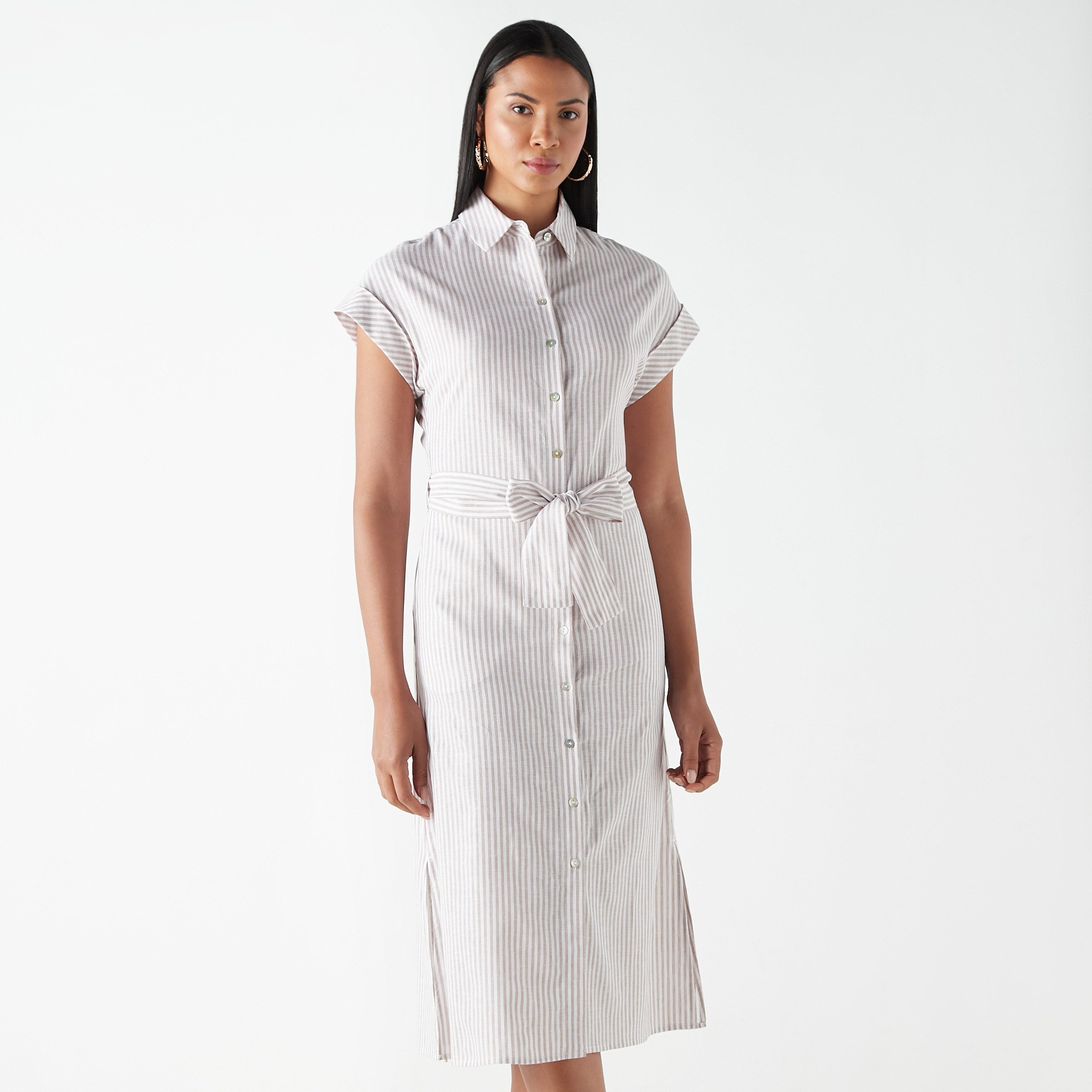 Shop All-Over Striped Shirt Dress with Tie-Up Belt and