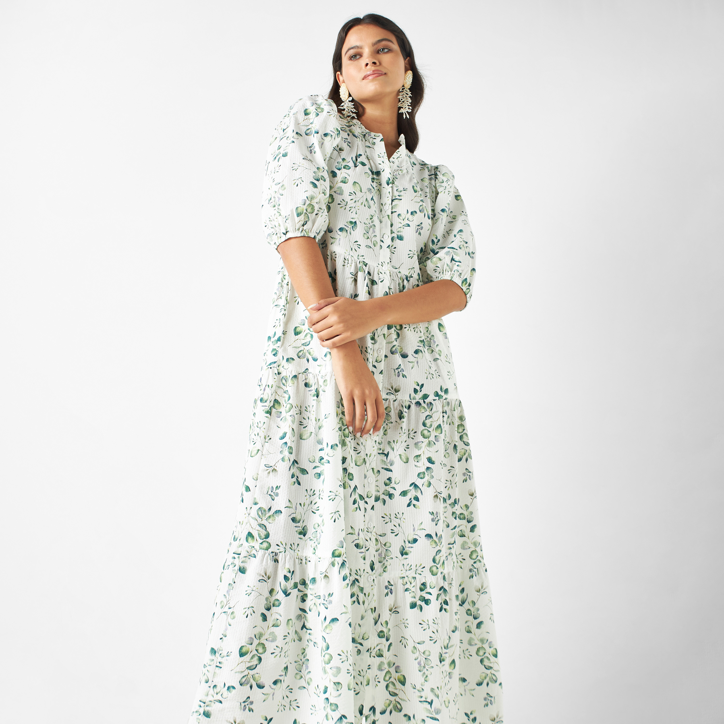 Shop All-Over Leaf Print Tiered Midi Dress with Puff Sleeves