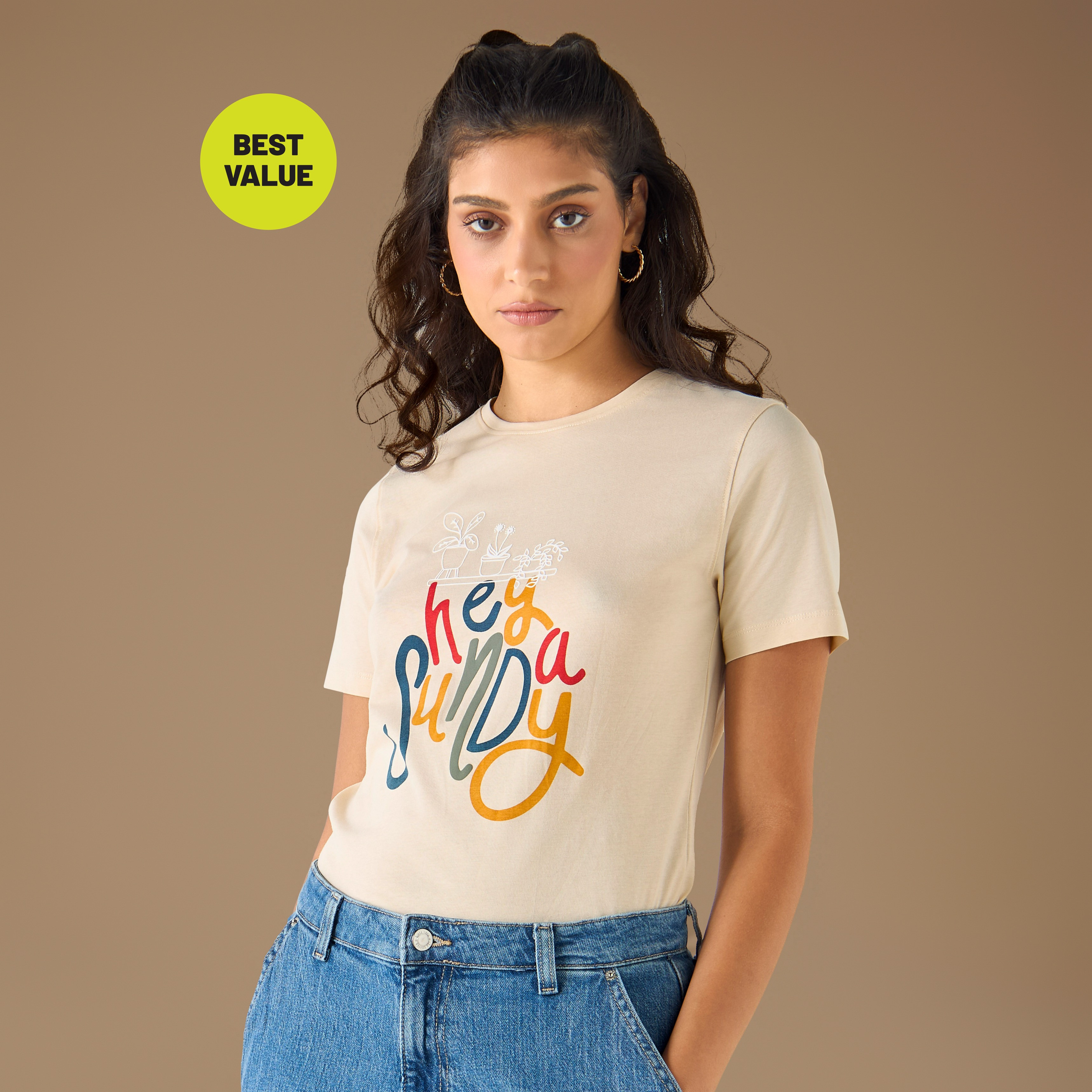 Graphic Print Crew Neck Cotton T-shirt with Short Sleeves-women-clothing-tshirts-image-1