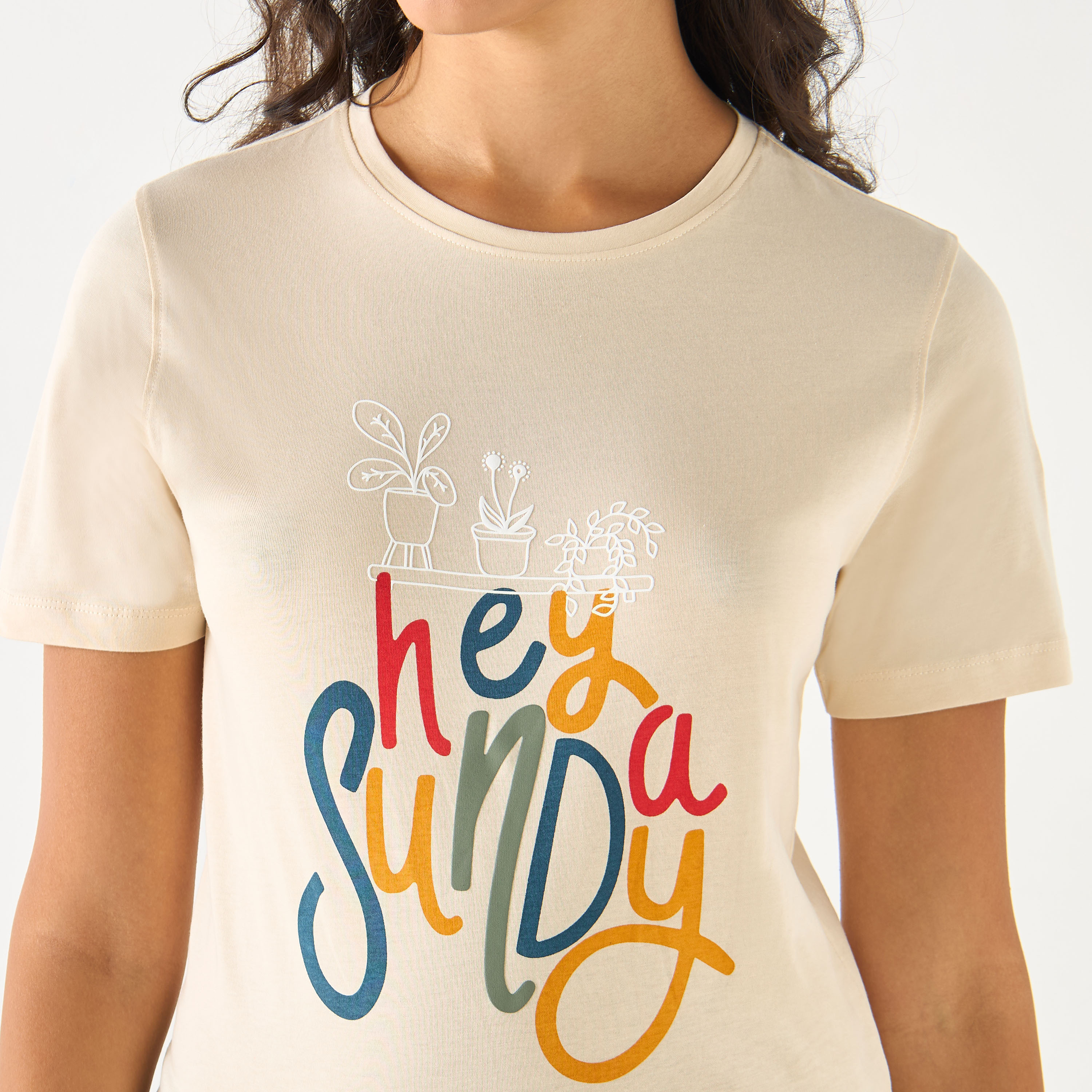 Graphic Print Crew Neck Cotton T-shirt with Short Sleeves-women-clothing-tshirts-image-5