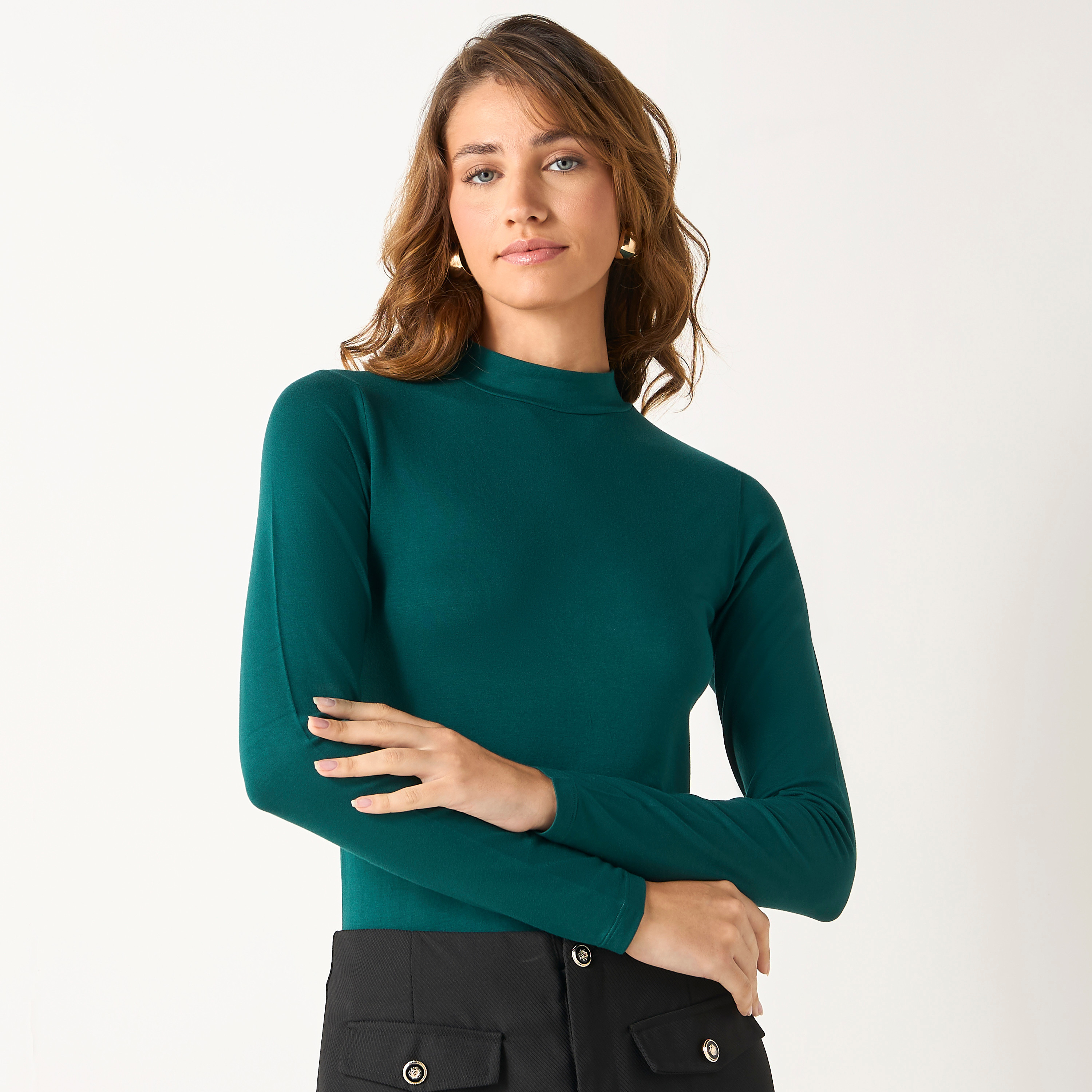 تيشيرت بياقة عالية وأكمام طويلة-women-clothing-tshirts-image-1