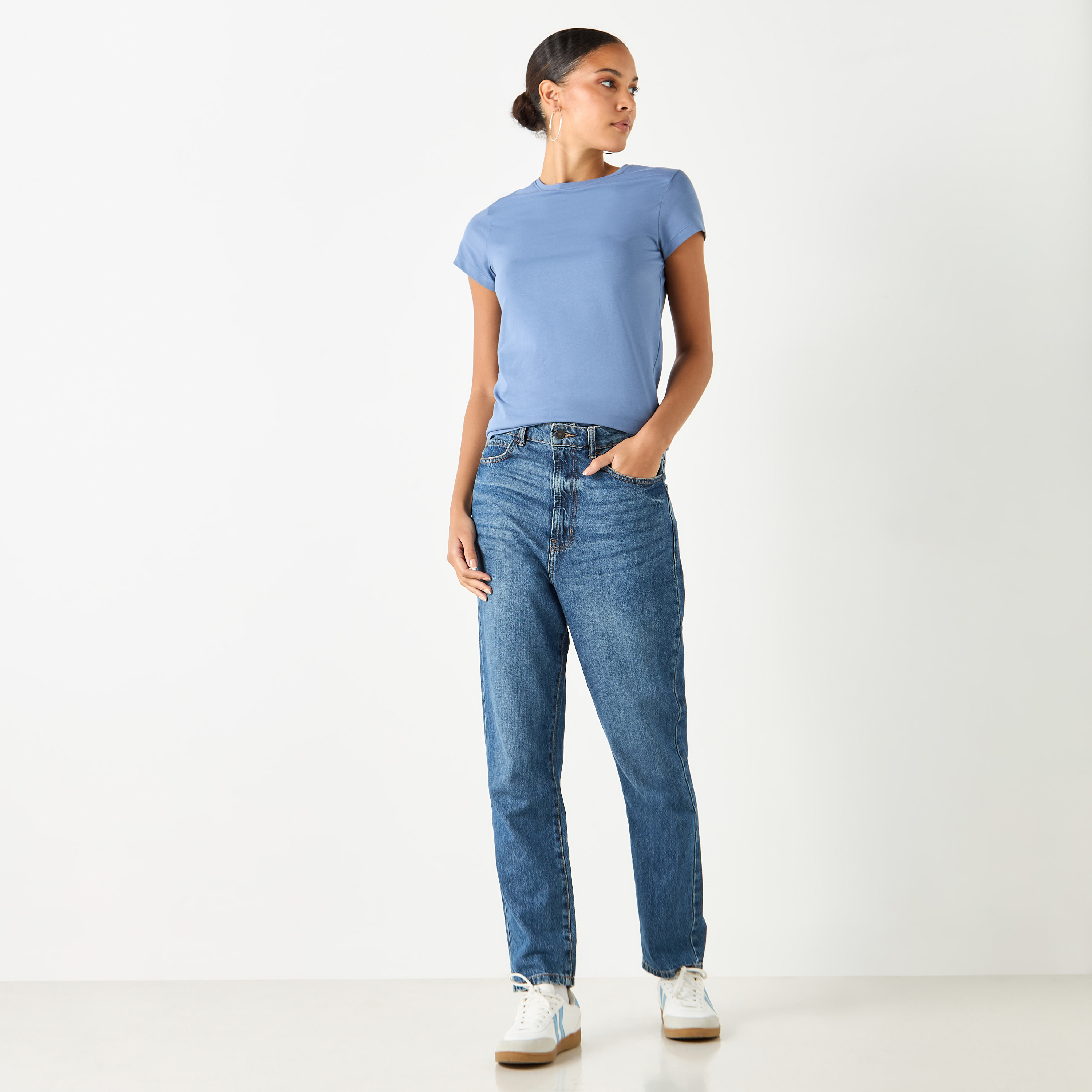 Slim Fit Crew Neck T-shirt with Short Sleeves-women-clothing-plussize-tshirts-image-3
