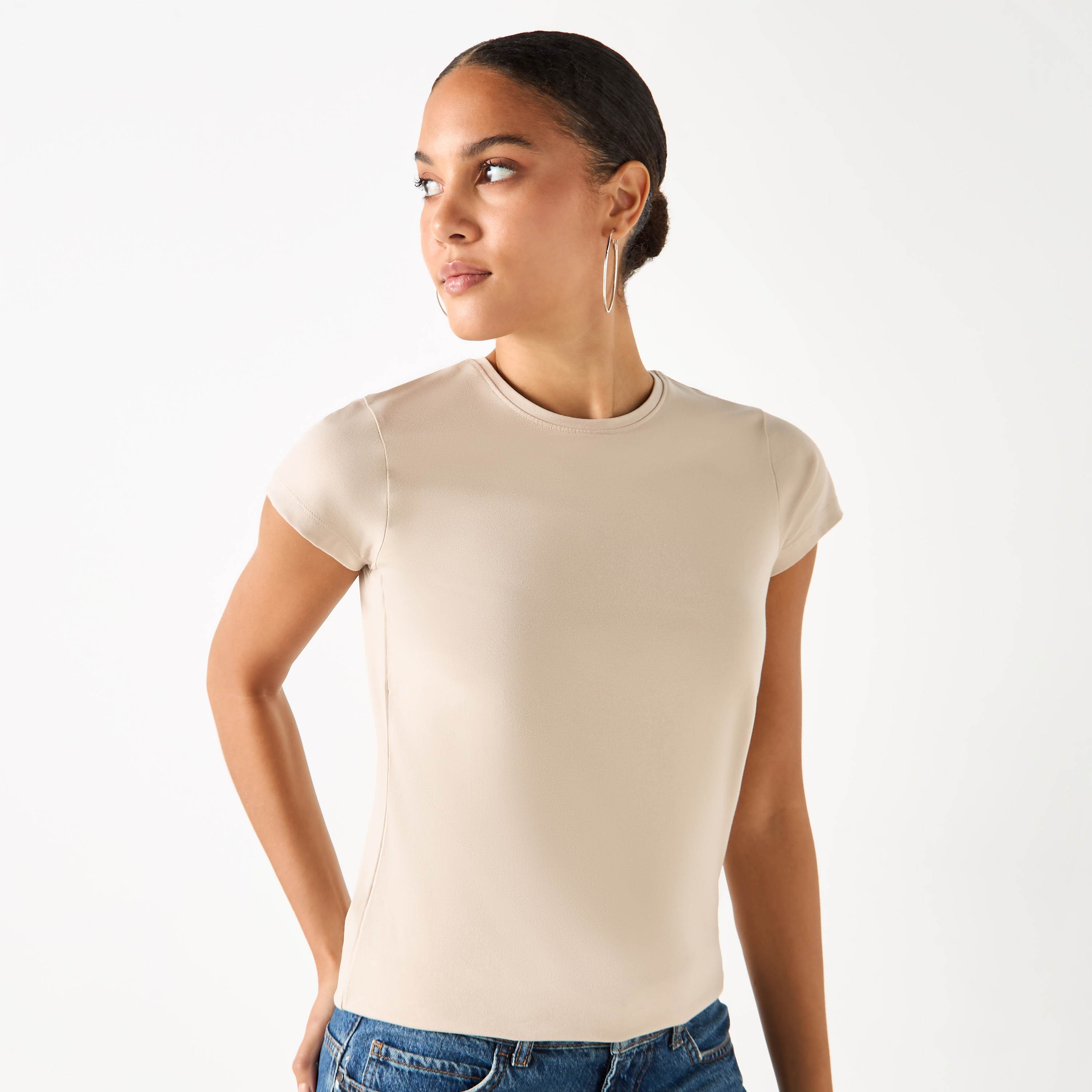 Slim Fit Crew Neck T-shirt with Short Sleeves-women-clothing-plussize-tshirts-image-1