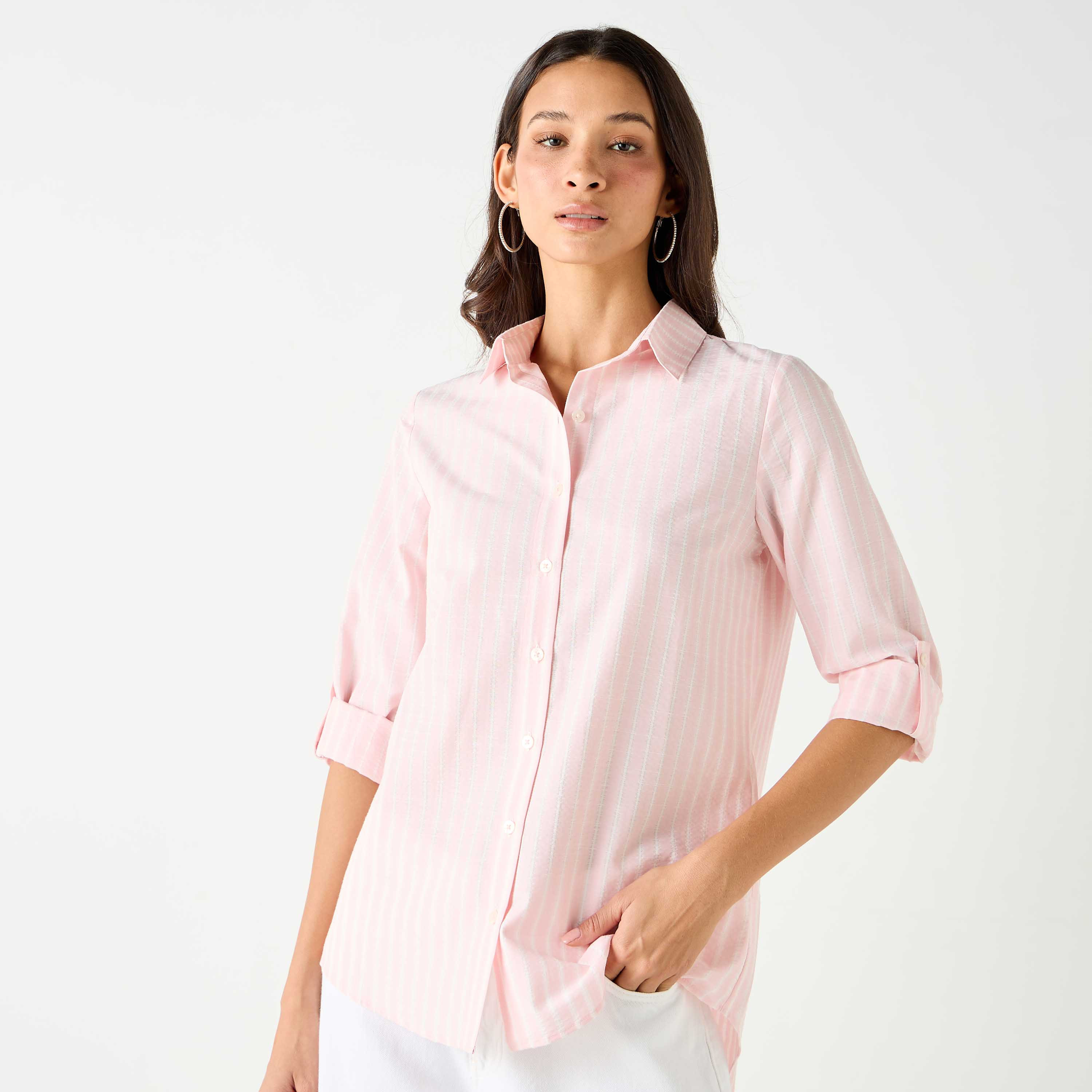 قميص مخطط بقصّة عادية وأكمام طويلة-women-clothing-shirtsandblouses-shirts-image-1