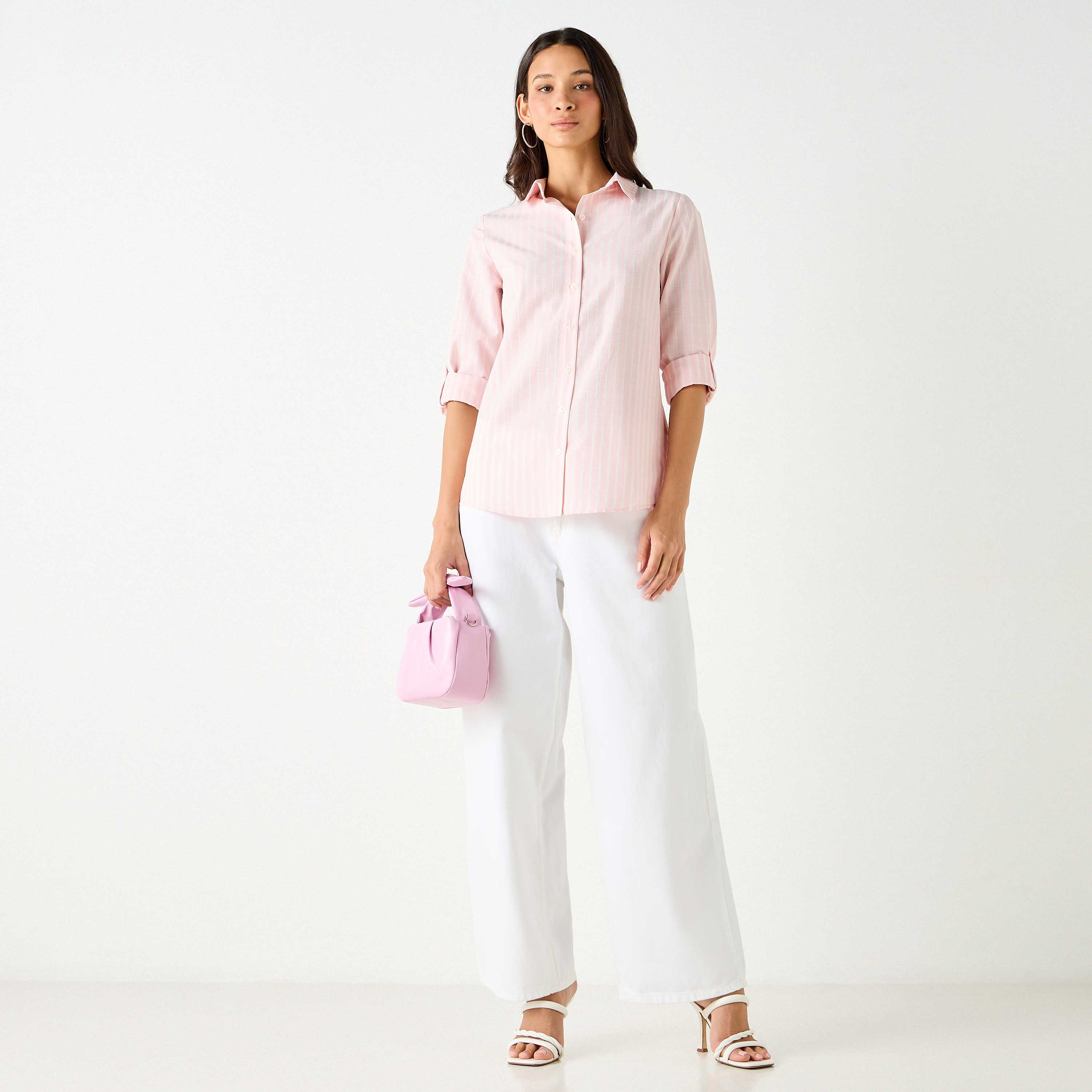 Regular Fit Striped Shirt with Collar and Long Sleeves-women-clothing-shirtsandblouses-shirts-image-2