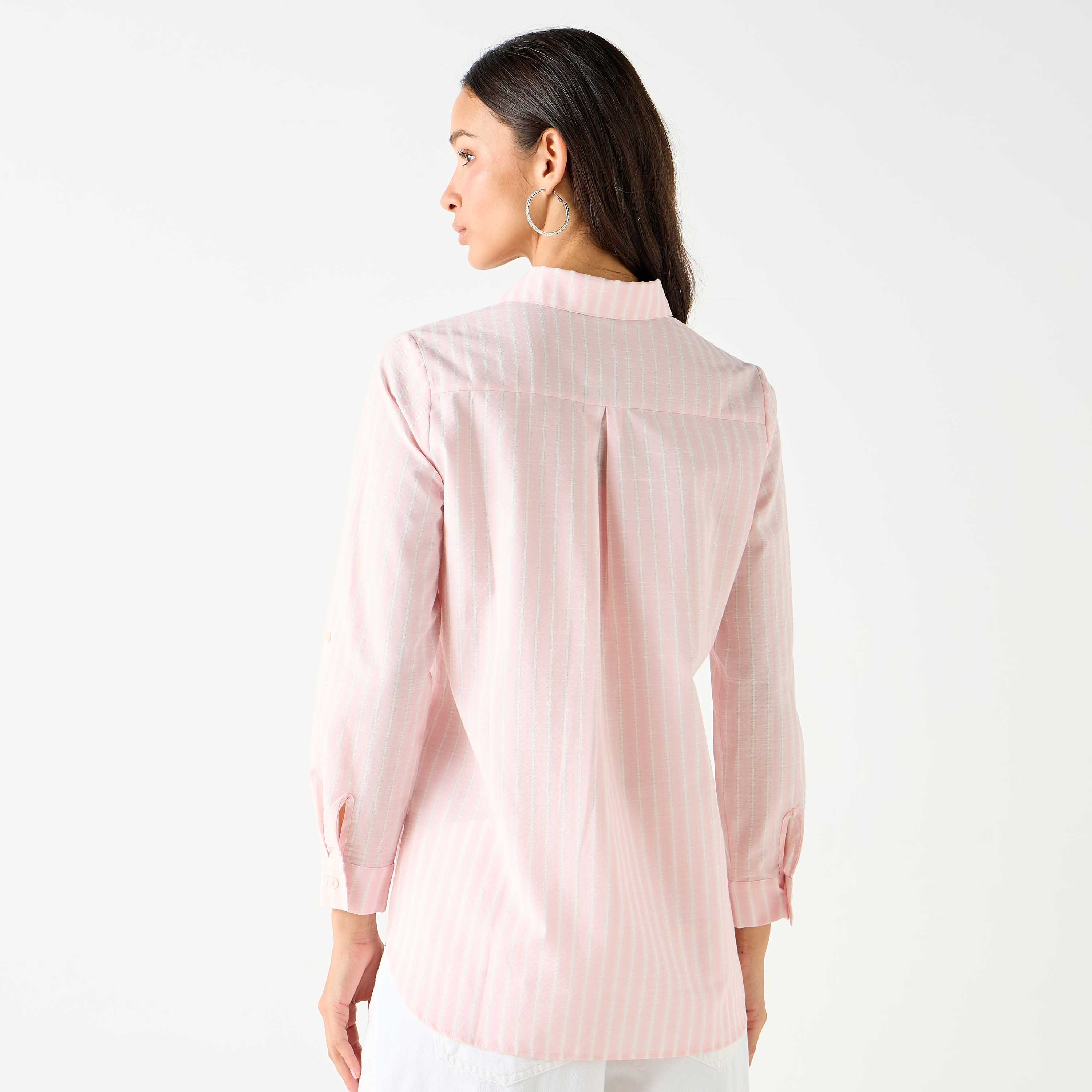 Regular Fit Striped Shirt with Collar and Long Sleeves-women-clothing-shirtsandblouses-shirts-image-3
