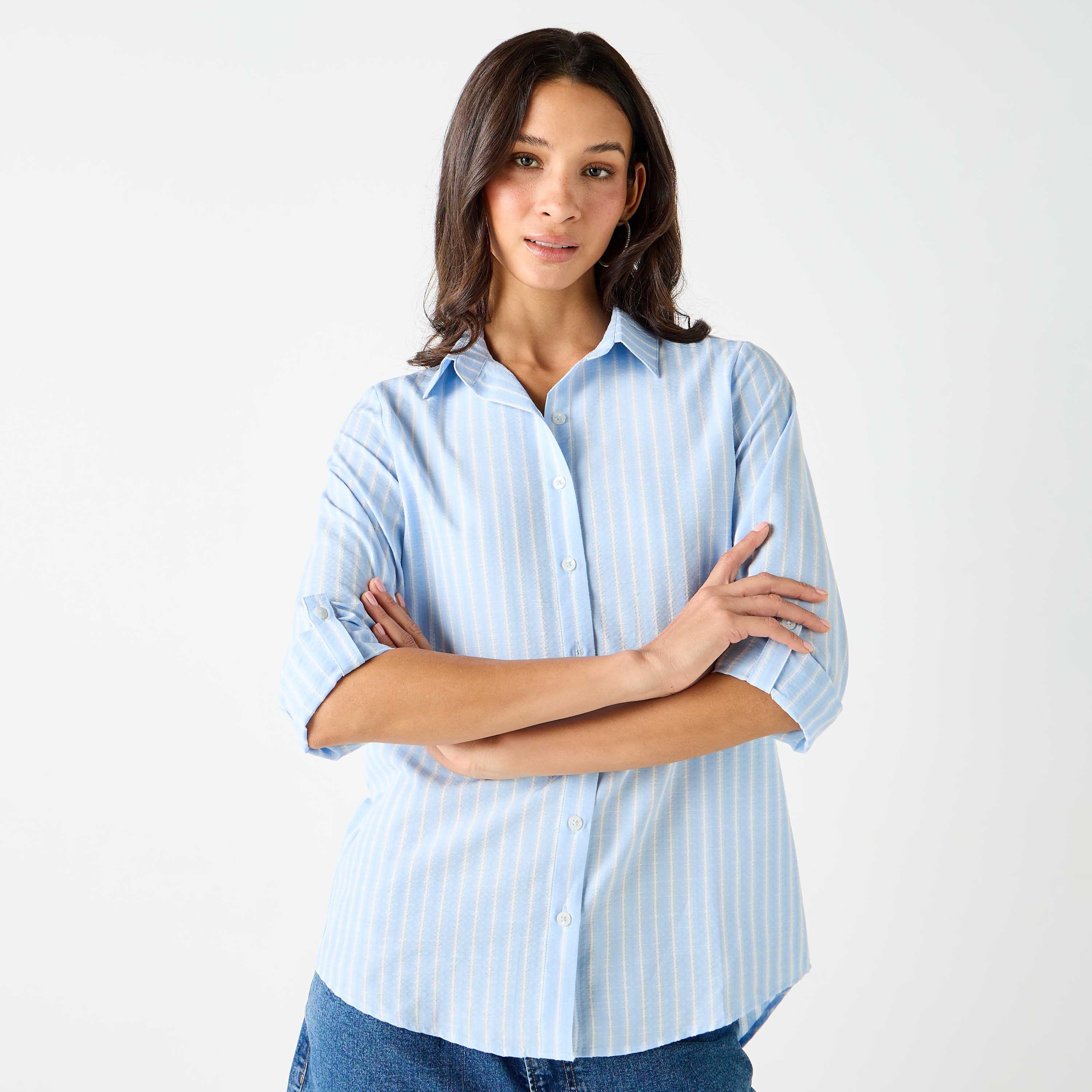 قميص مخطط بقصّة عادية وأكمام طويلة-women-clothing-shirtsandblouses-shirts-image-9