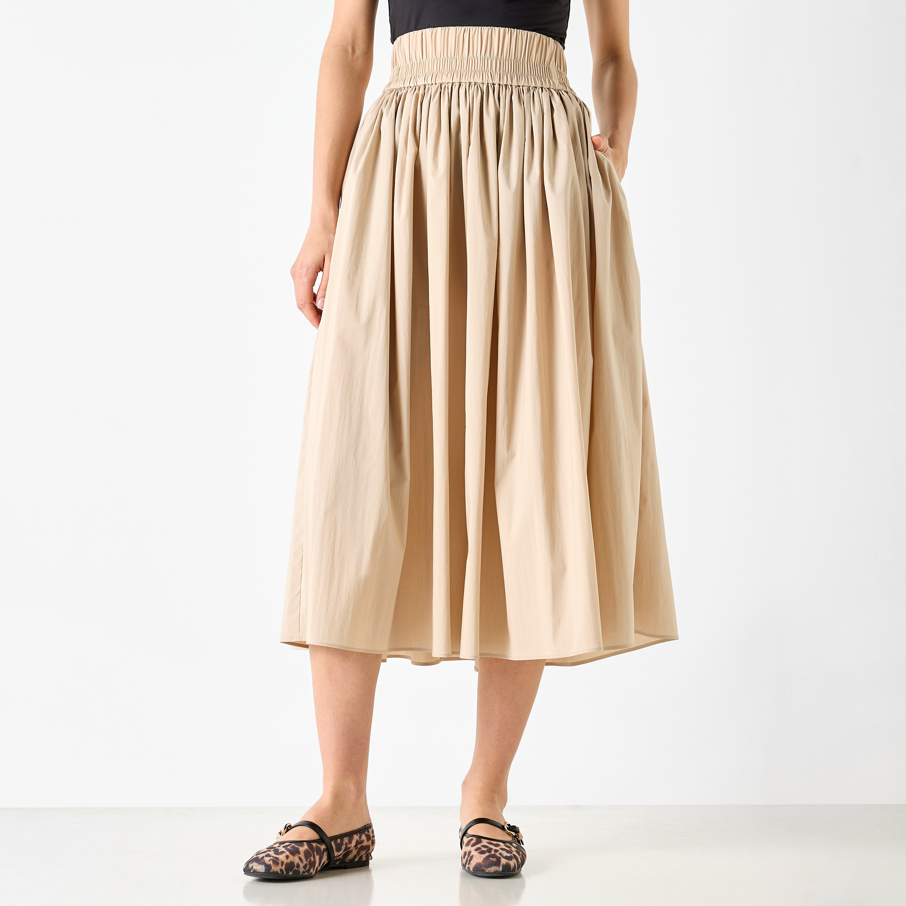 Shop Pleated A-line Midi Skirt with Elasticated Waistband