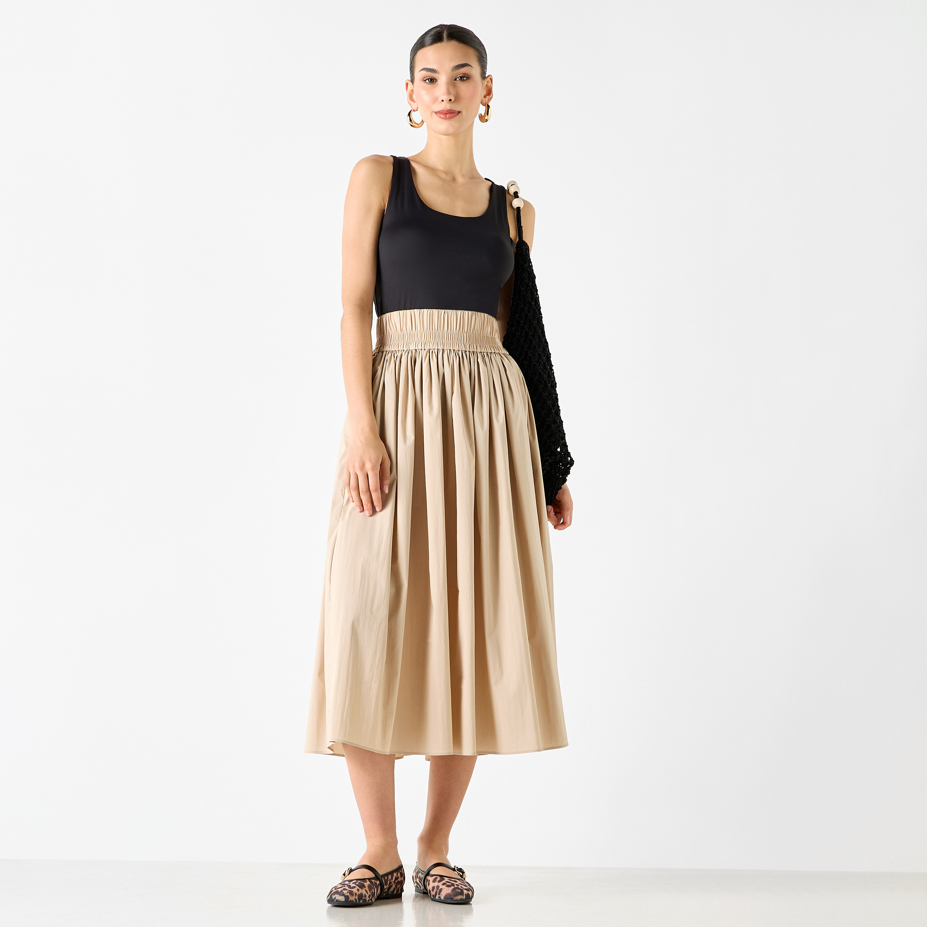Shop Pleated A-line Midi Skirt with Elasticated Waistband