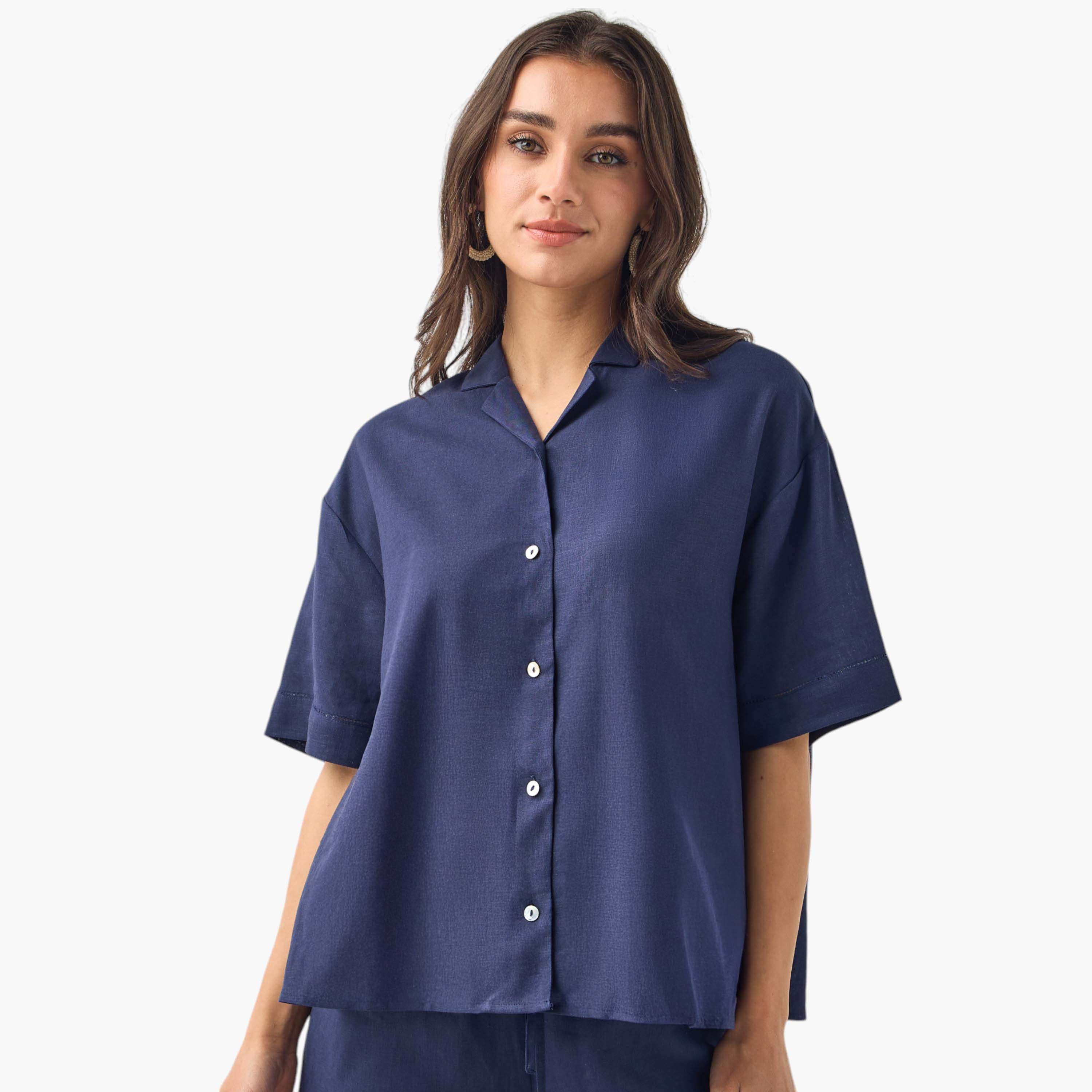 قميص من مزيج الكتان بقصّة عادية وأكمام قصيرة -women-clothing-shirtsandblouses-shirts-image-1
