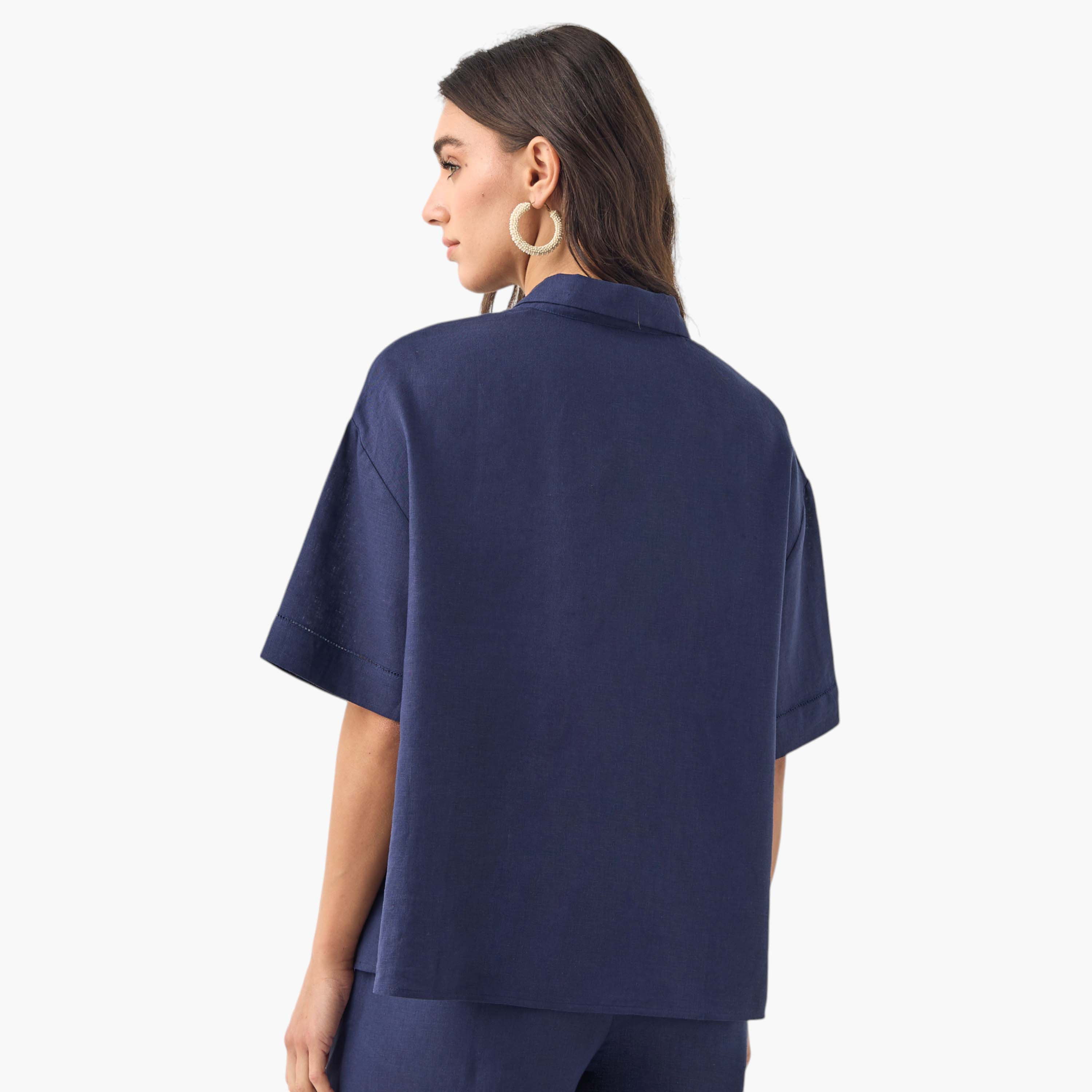 قميص من مزيج الكتان بقصّة عادية وأكمام قصيرة -women-clothing-shirtsandblouses-shirts-image-3