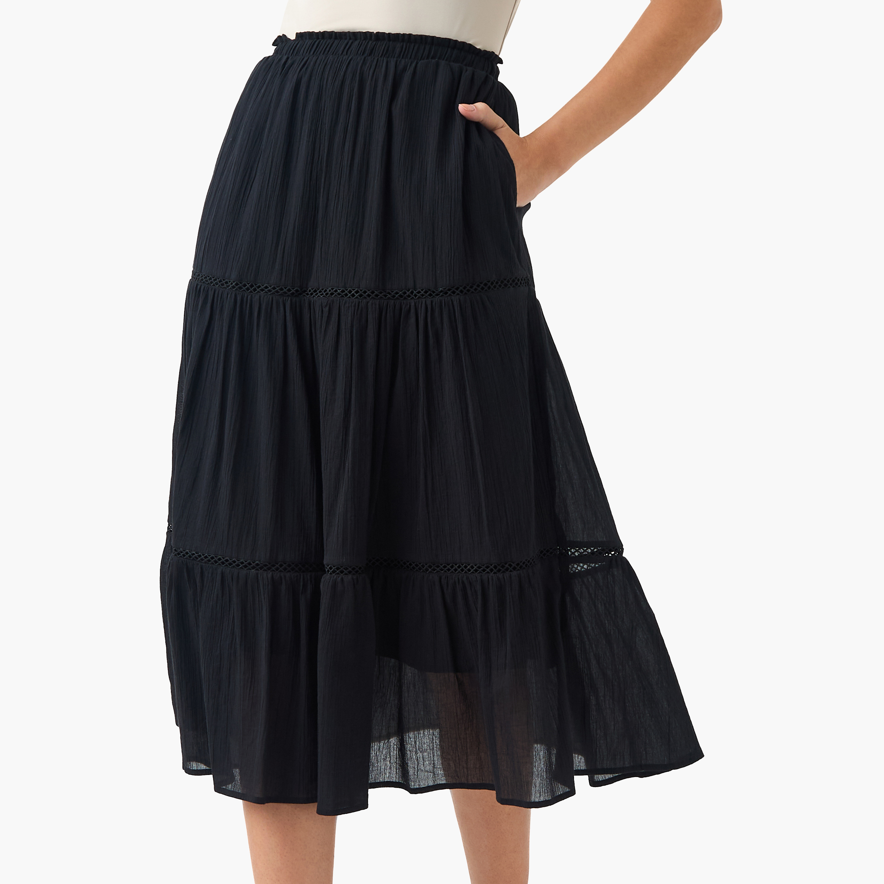 Shop Lace Detail Tiered Midi A-line Skirt with Pockets and
