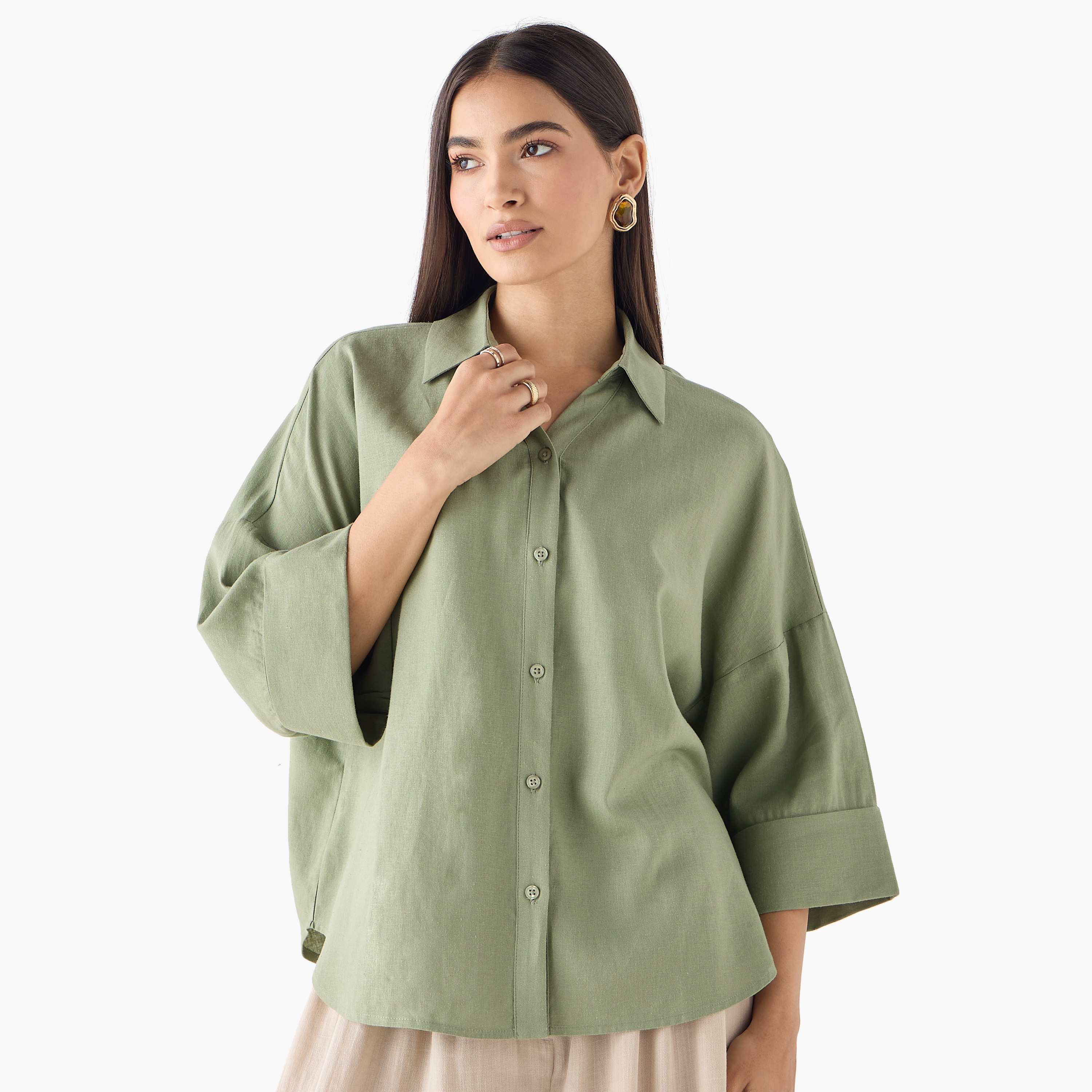 Linen Blend Drop Shoulder Shirt with 3/4 Sleeves-women-clothing-shirtsandblouses-shirts-image-6