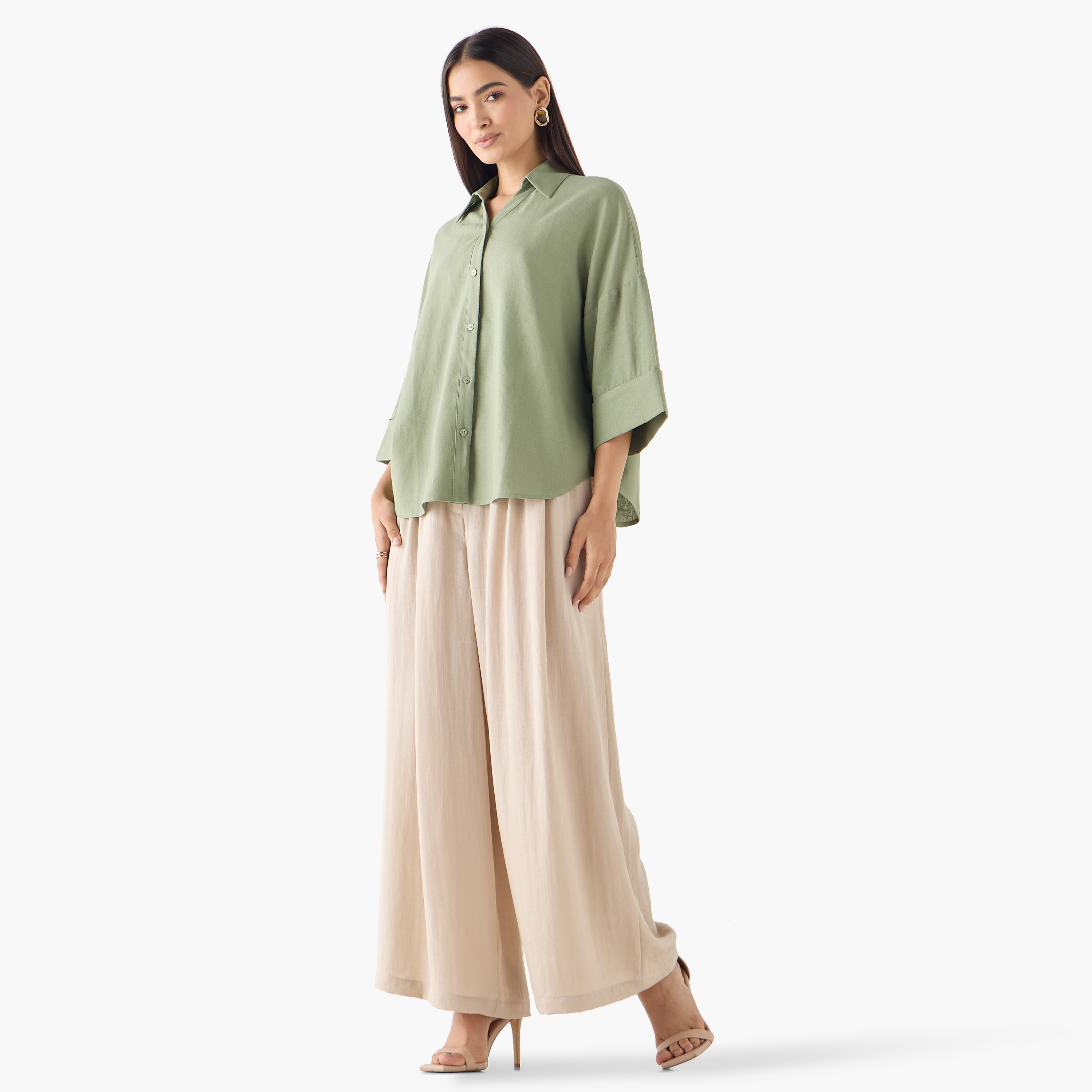 Linen Blend Drop Shoulder Shirt with 3/4 Sleeves-women-clothing-shirtsandblouses-shirts-image-7