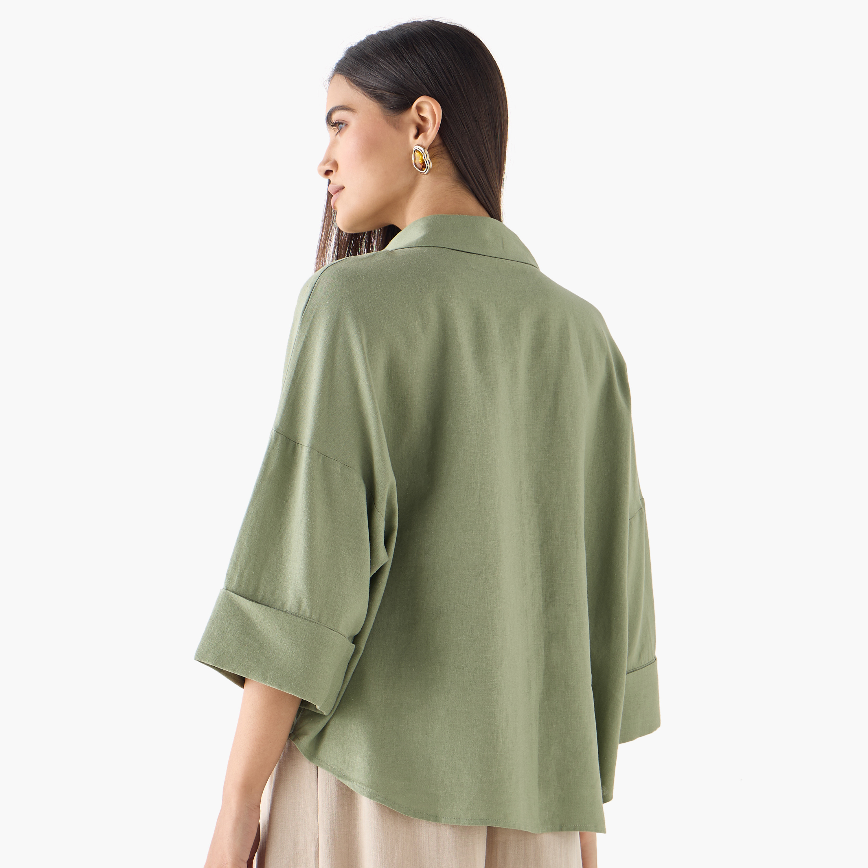 Linen Blend Drop Shoulder Shirt with 3/4 Sleeves-women-clothing-shirtsandblouses-shirts-image-8