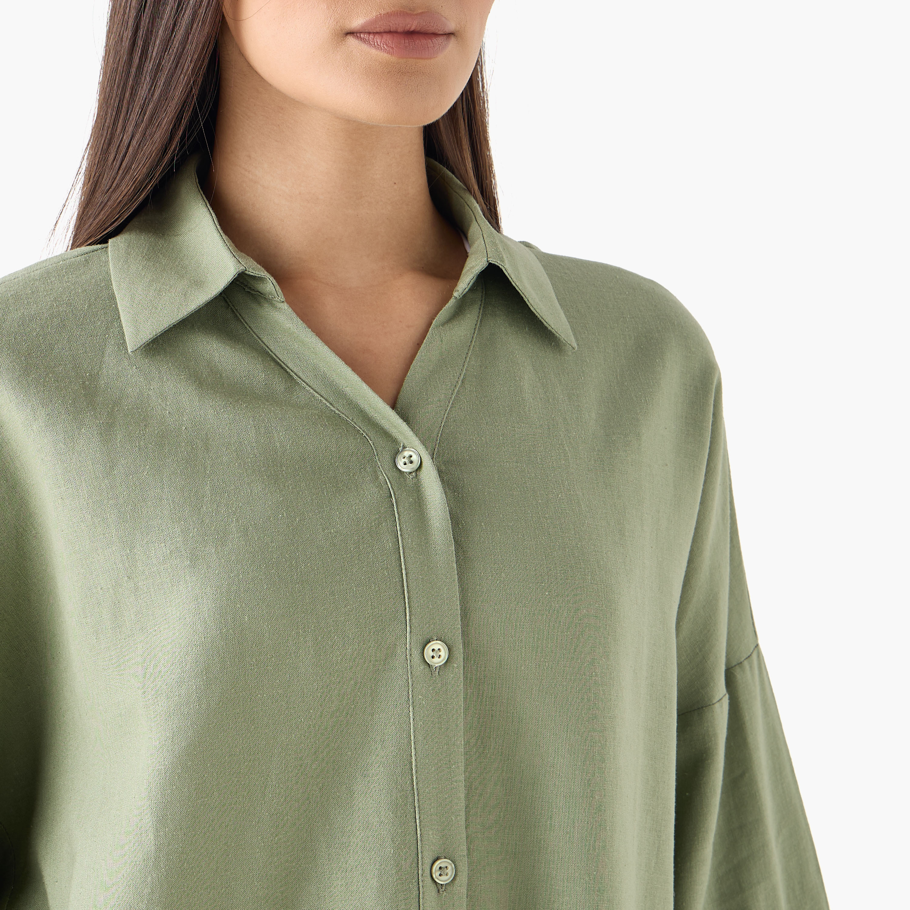 Linen Blend Drop Shoulder Shirt with 3/4 Sleeves-women-clothing-shirtsandblouses-shirts-image-9