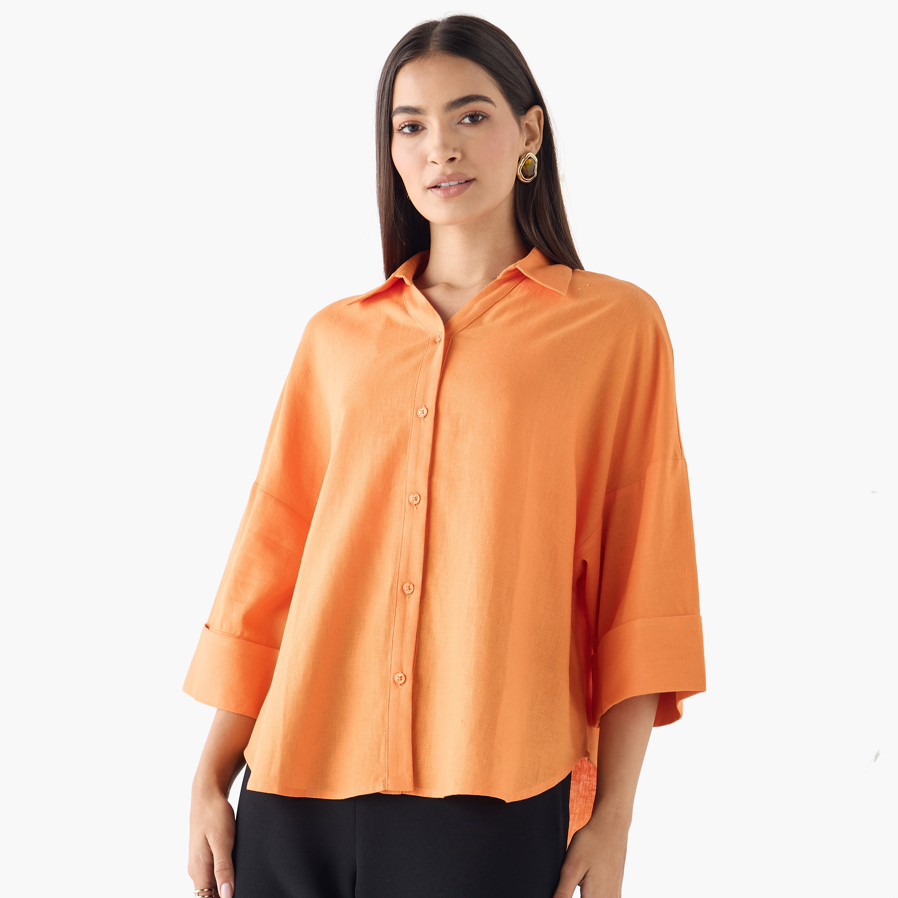 Linen Blend Drop Shoulder Shirt with 3/4 Sleeves-women-clothing-shirtsandblouses-shirts-image-1