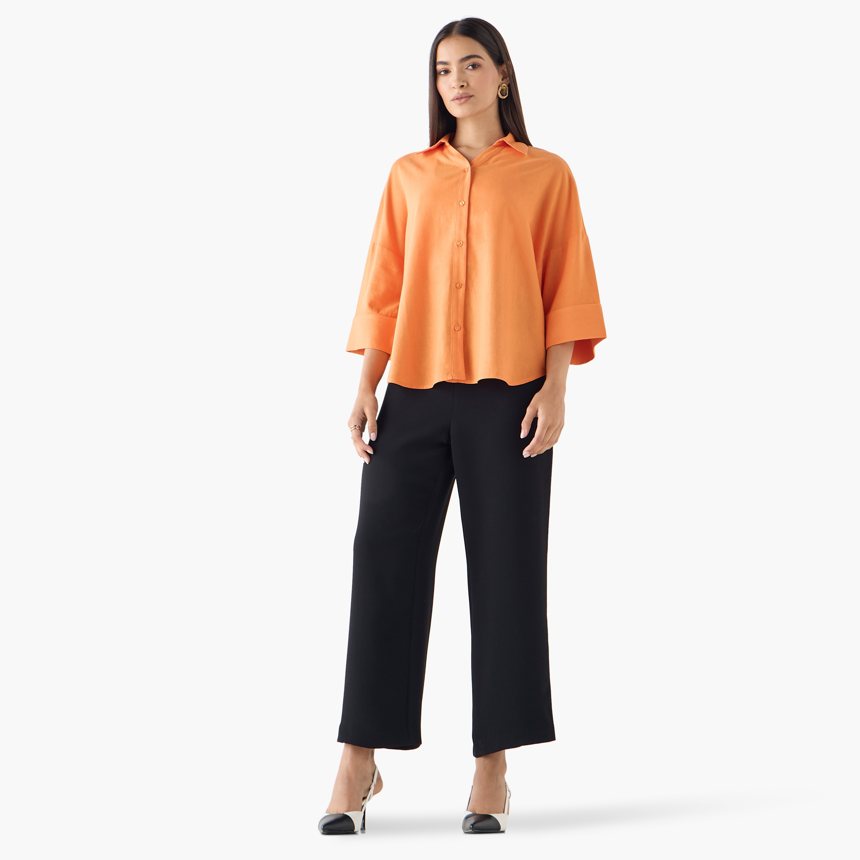 Linen Blend Drop Shoulder Shirt with 3/4 Sleeves-women-clothing-shirtsandblouses-shirts-image-2