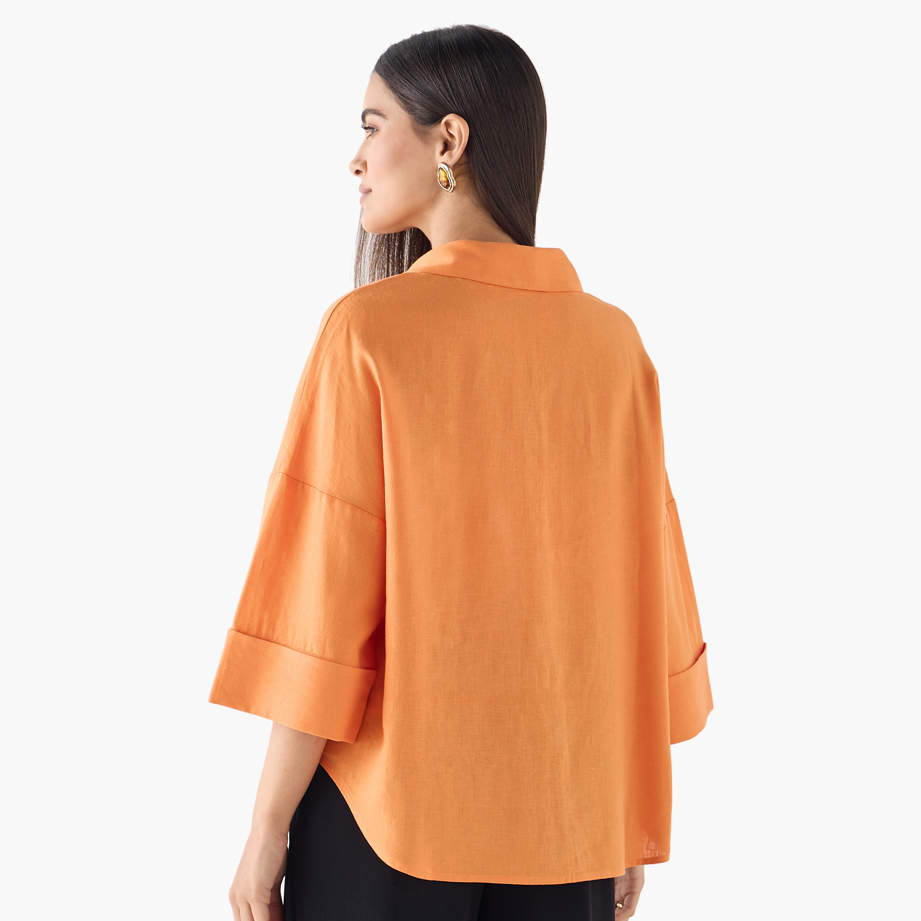 Linen Blend Drop Shoulder Shirt with 3/4 Sleeves-women-clothing-shirtsandblouses-shirts-image-3