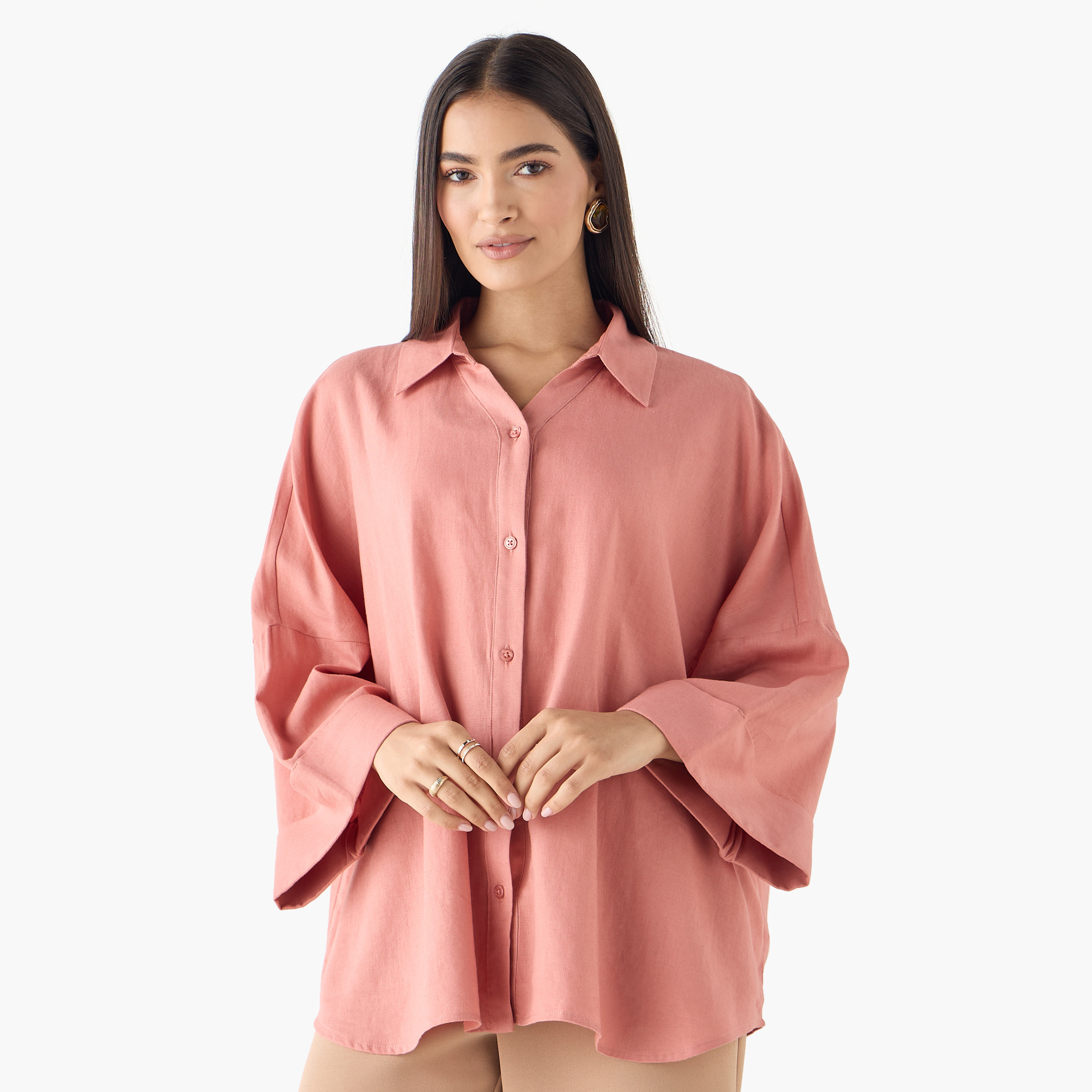 Linen Blend Drop Shoulder Shirt with 3/4 Sleeves-women-clothing-shirtsandblouses-shirts-image-11