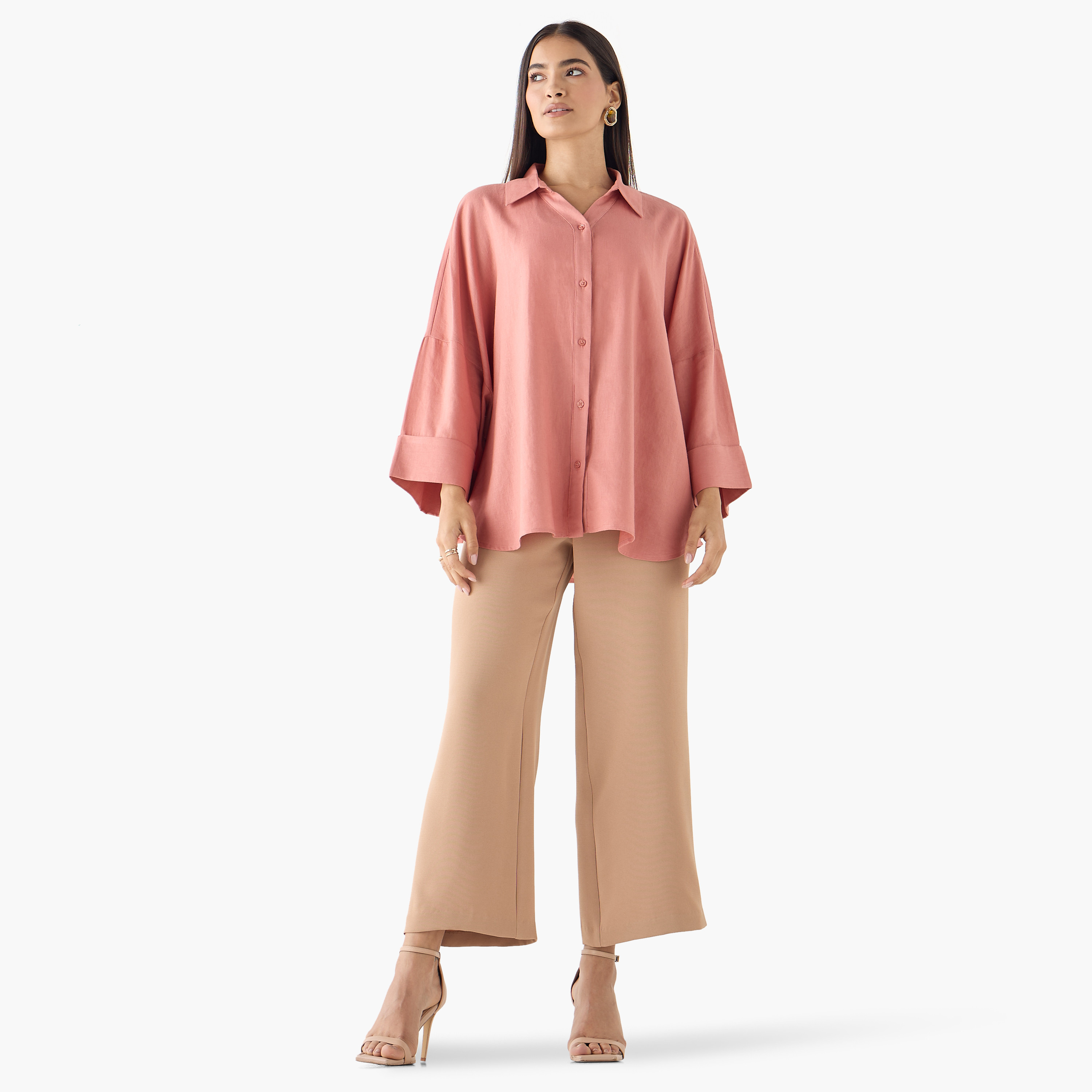 Linen Blend Drop Shoulder Shirt with 3/4 Sleeves-women-clothing-shirtsandblouses-shirts-image-12
