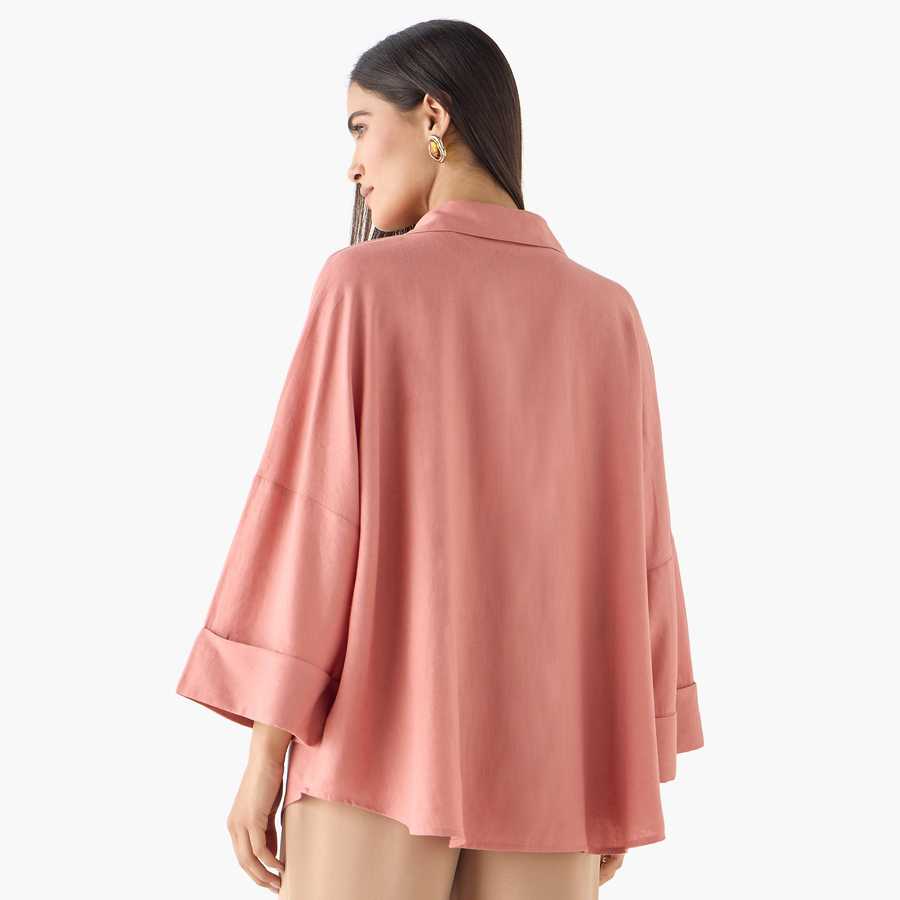 Linen Blend Drop Shoulder Shirt with 3/4 Sleeves-women-clothing-shirtsandblouses-shirts-image-13